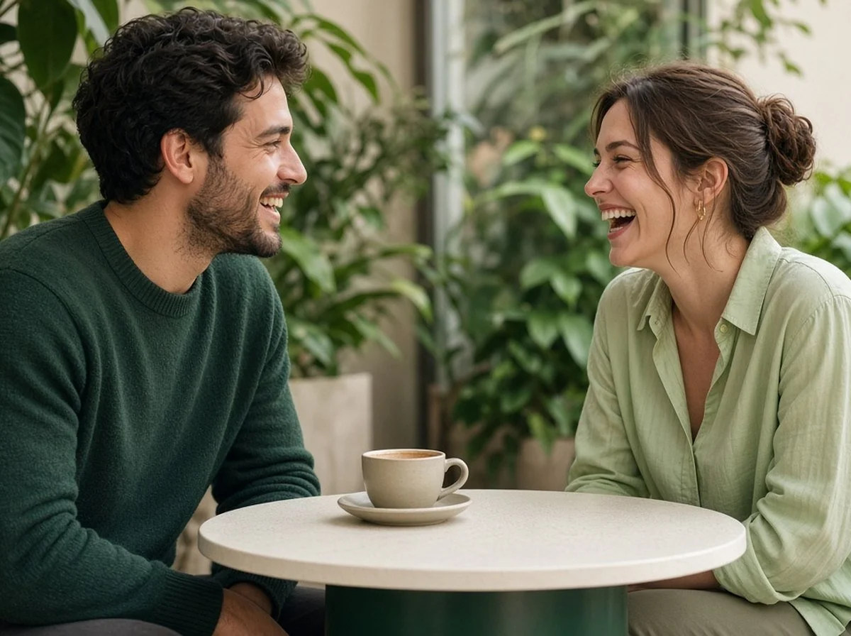 Two adults sharing a relaxed laugh over coffee on a first date