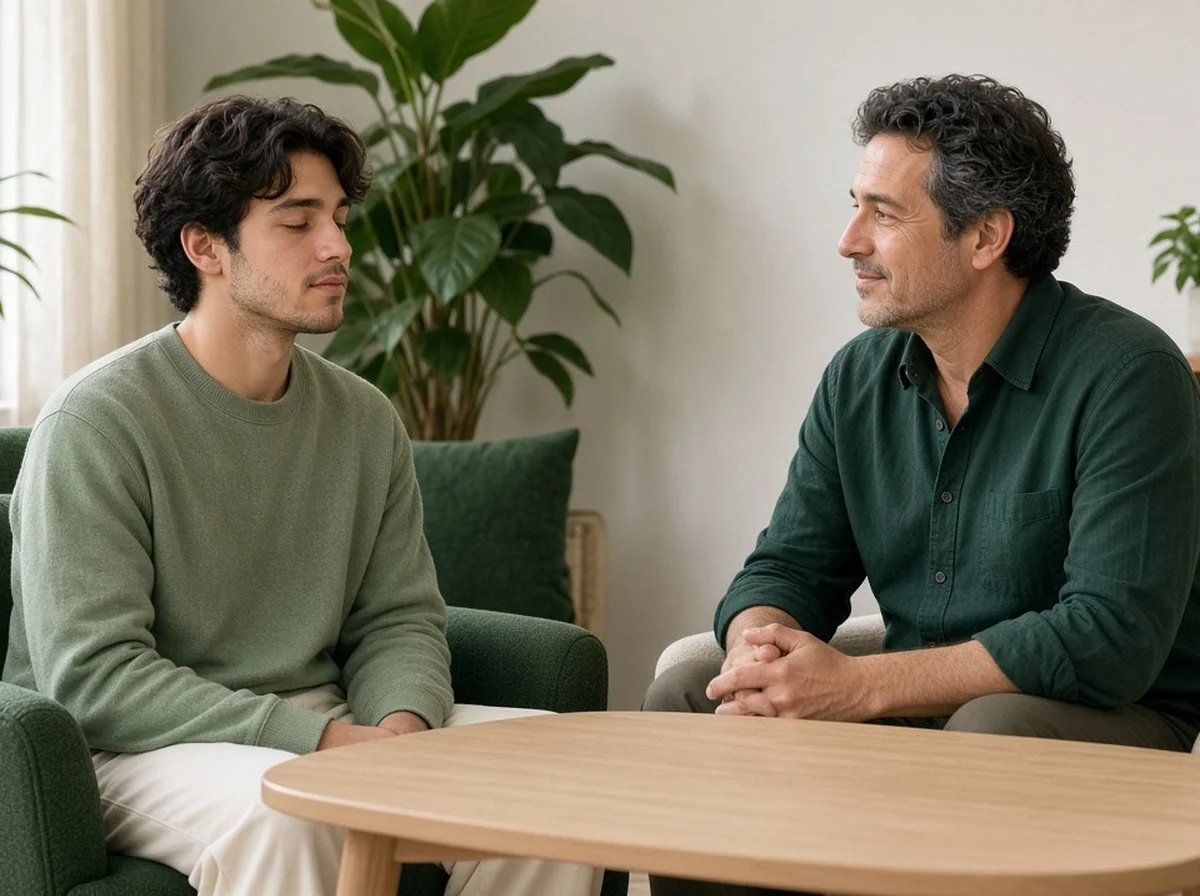 A young man practising calm breathing with a therapist
