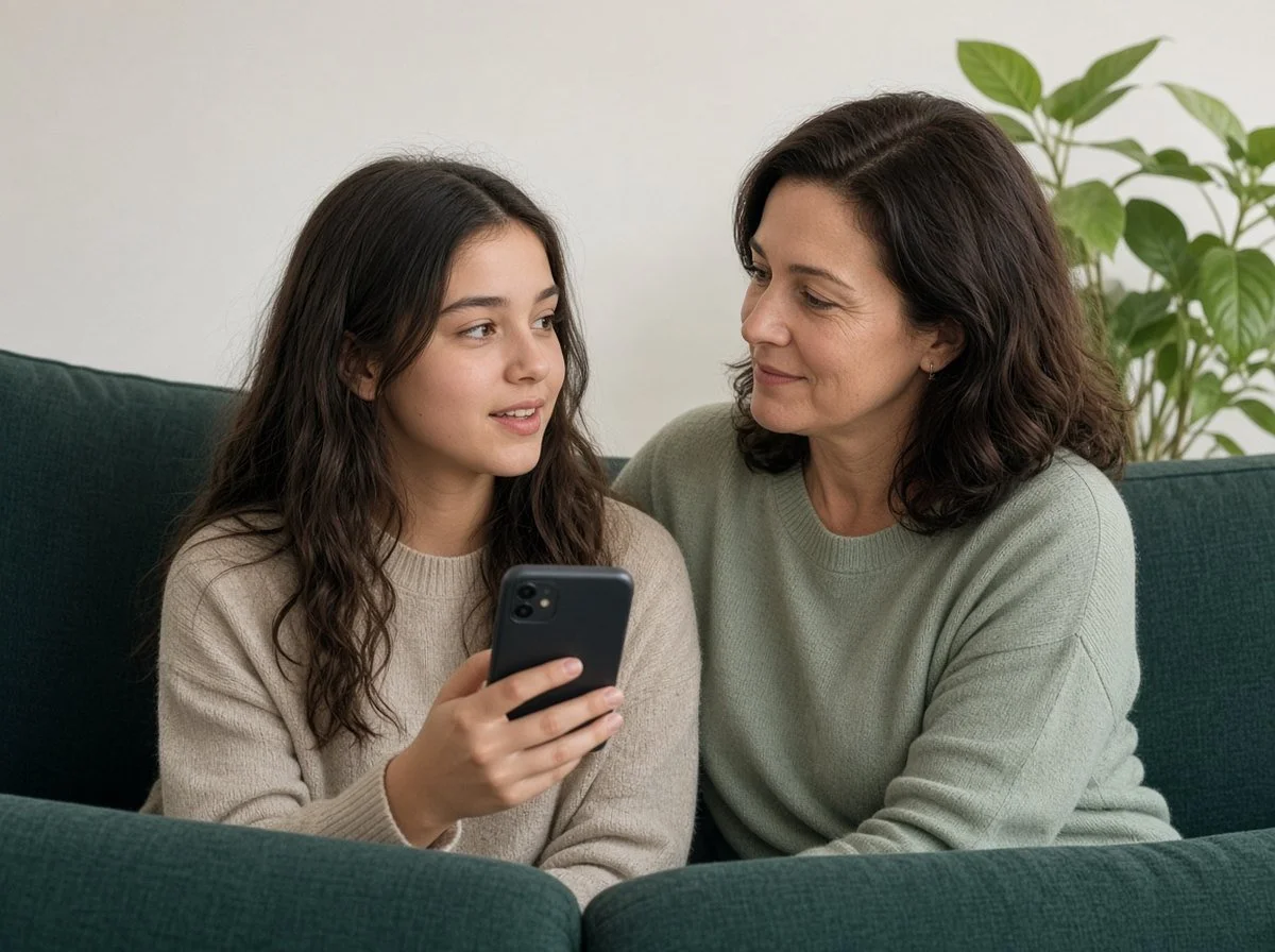 Mother listening calmly to her teenage daughter on a couch