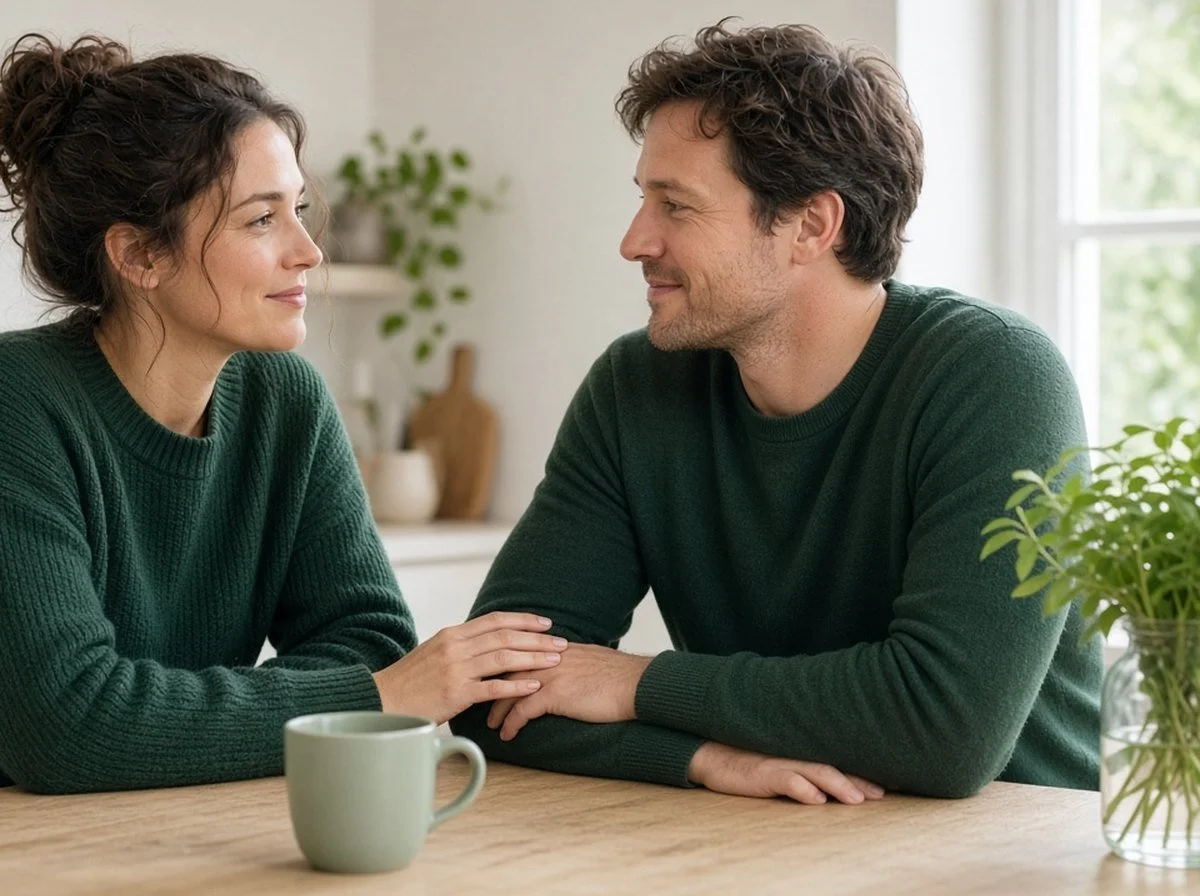 A couple sitting at a kitchen table, pausing mid-conversation as one gently puts a hand on the other's arm