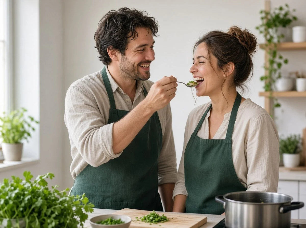 Couple laughing while cooking a new recipe together