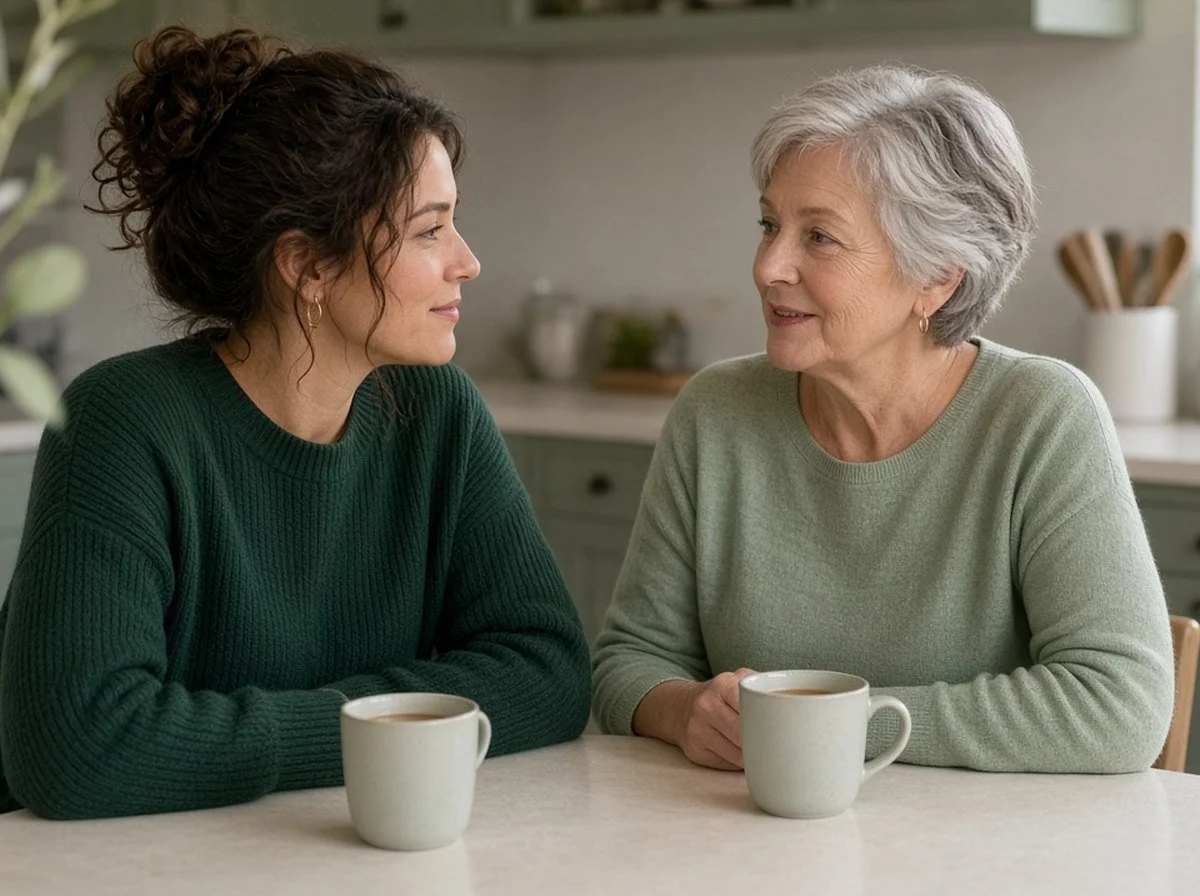 Adult daughter and her older mother talking over coffee