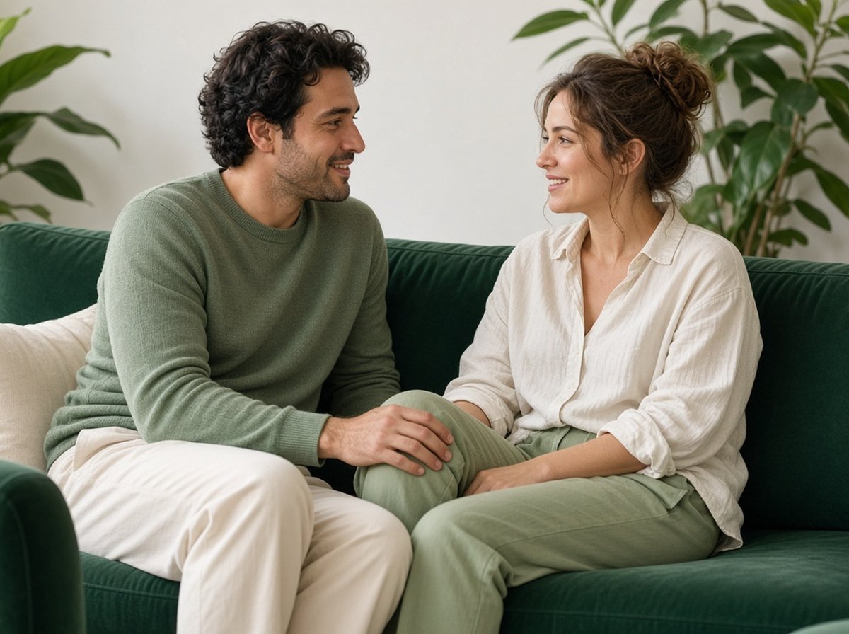 Couple on a green sofa turned toward each other, smiling and talking