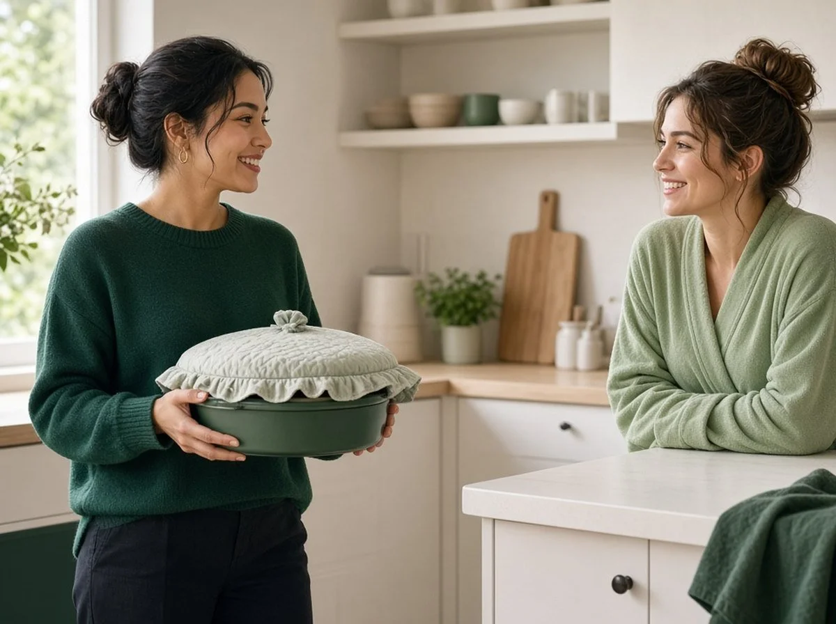 A friend bringing a meal to a new parent in a bright kitchen