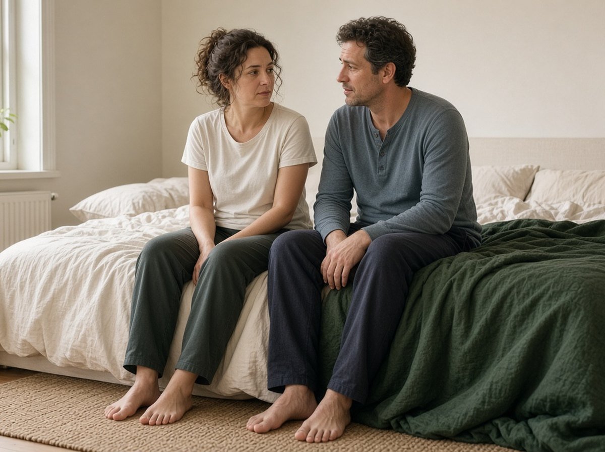 A woman sitting on the edge of her bed in the morning while her partner beside her talks with her gently
