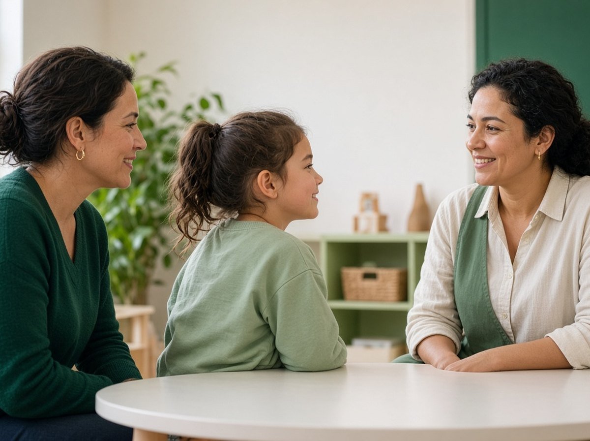 Parent and child meeting with a friendly teacher at school