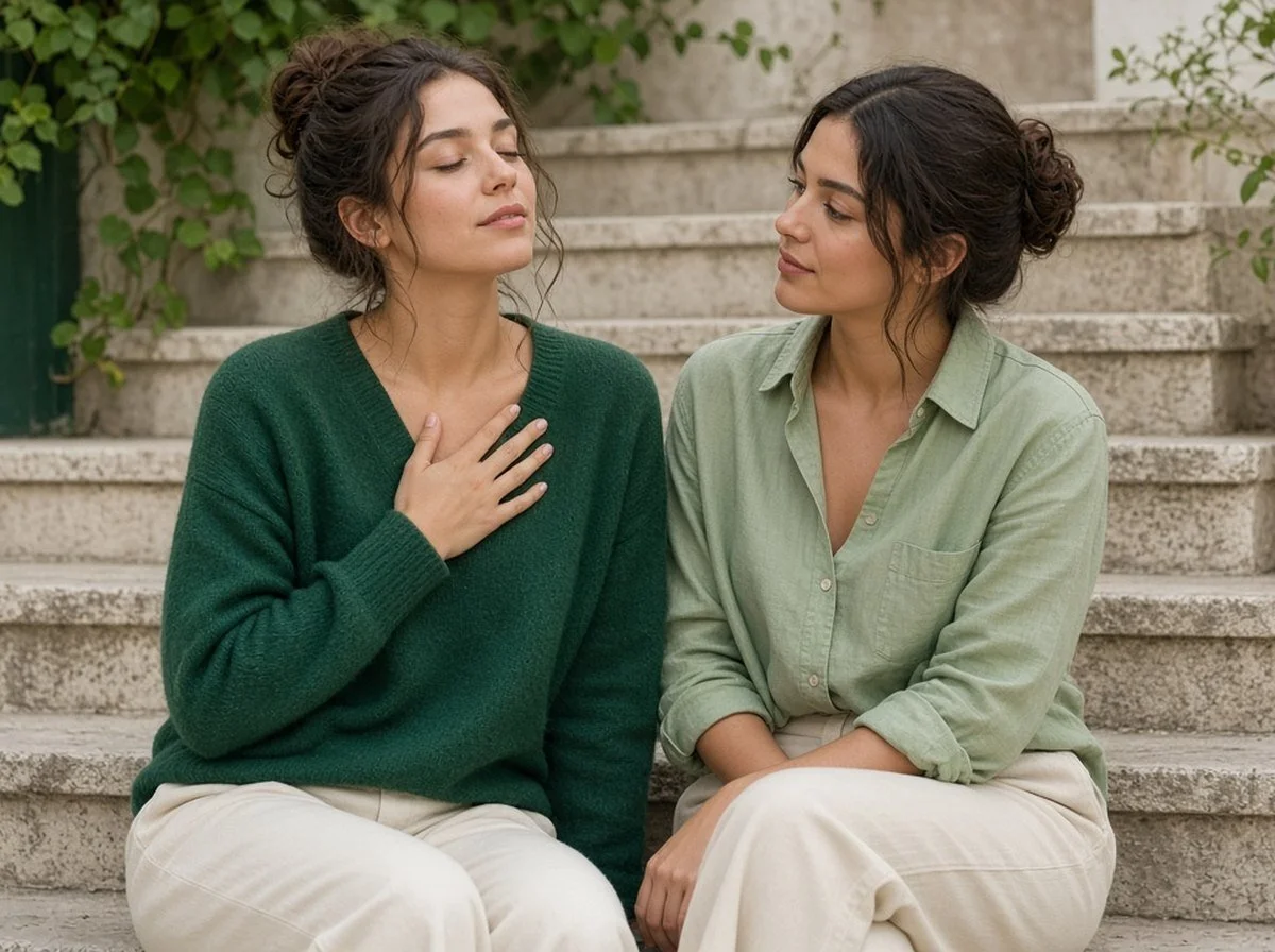 A woman calmly helping her friend breathe slowly during a panic attack
