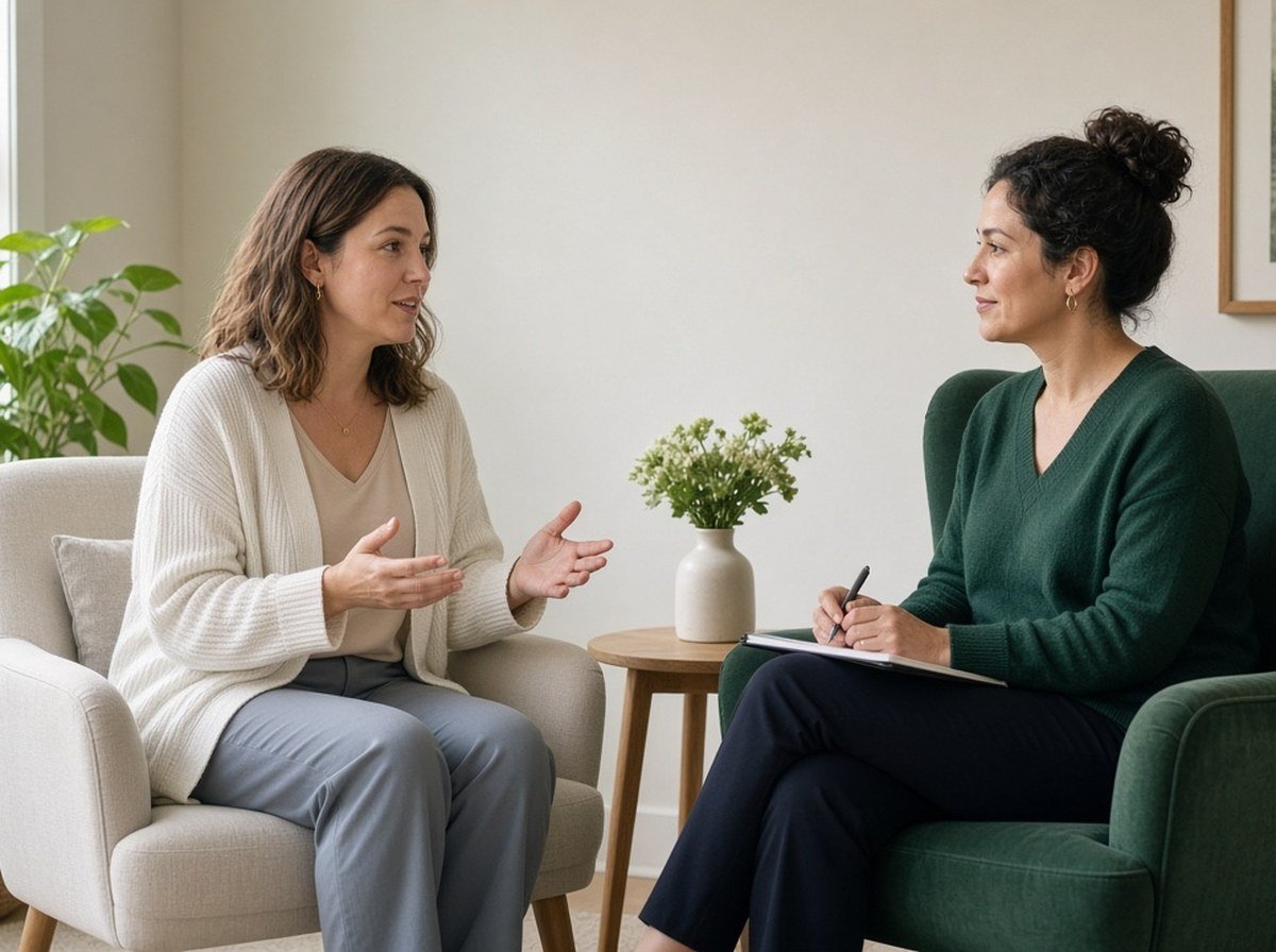 A woman and a counsellor facing each other talking in a calm room