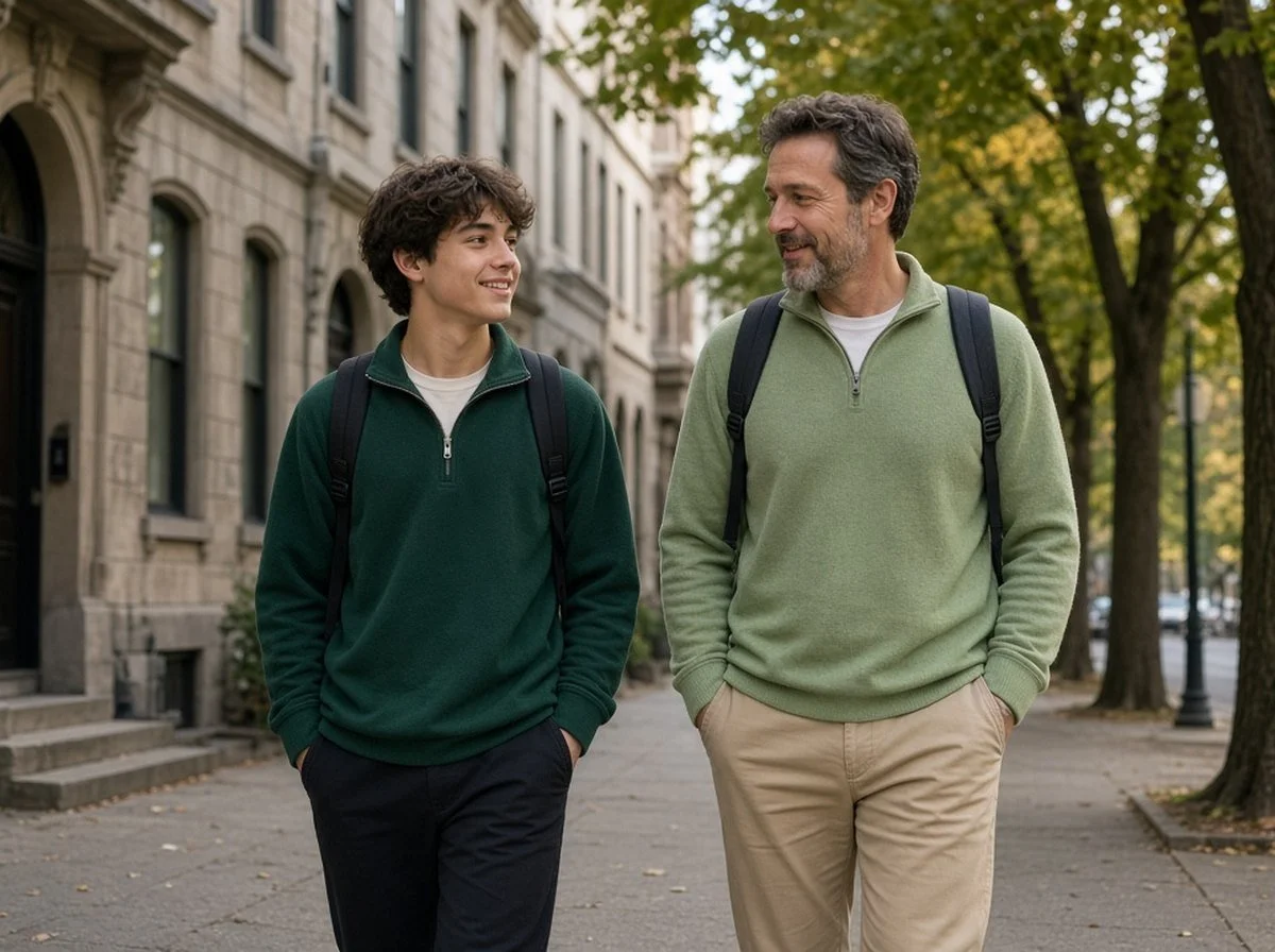 Teen and parent walking and chatting on a tree-lined street with heritage stone buildings