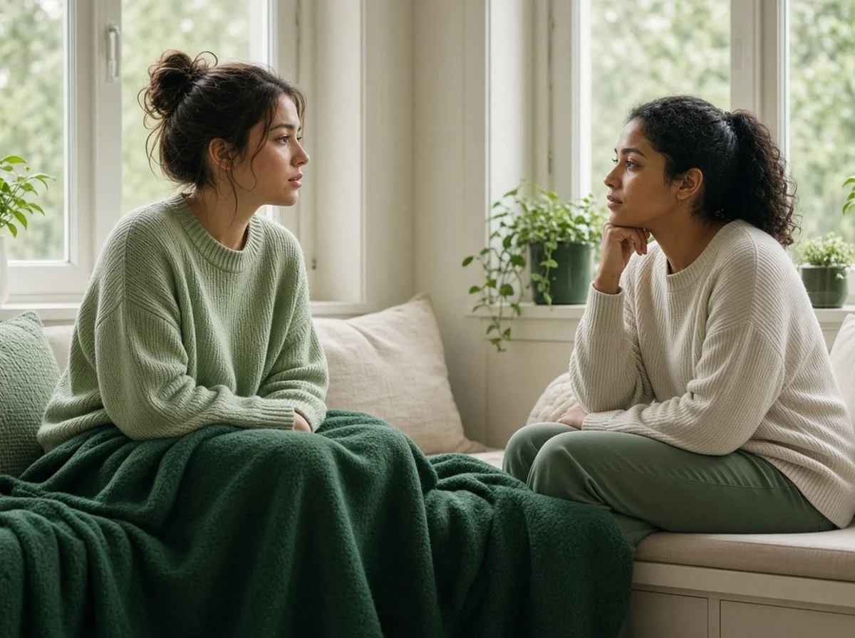 Young woman under a green blanket talking honestly with a friend on a window seat
