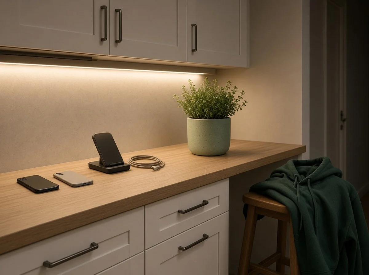 a phone charging on a kitchen counter at night, away from the bedroom