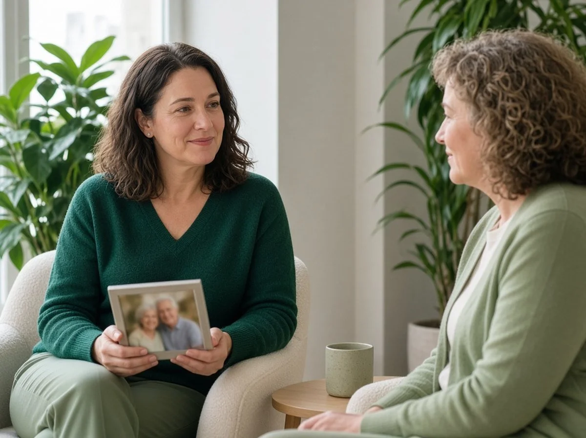 An adult holding a framed photo while talking with a counsellor in a bright Ottawa office