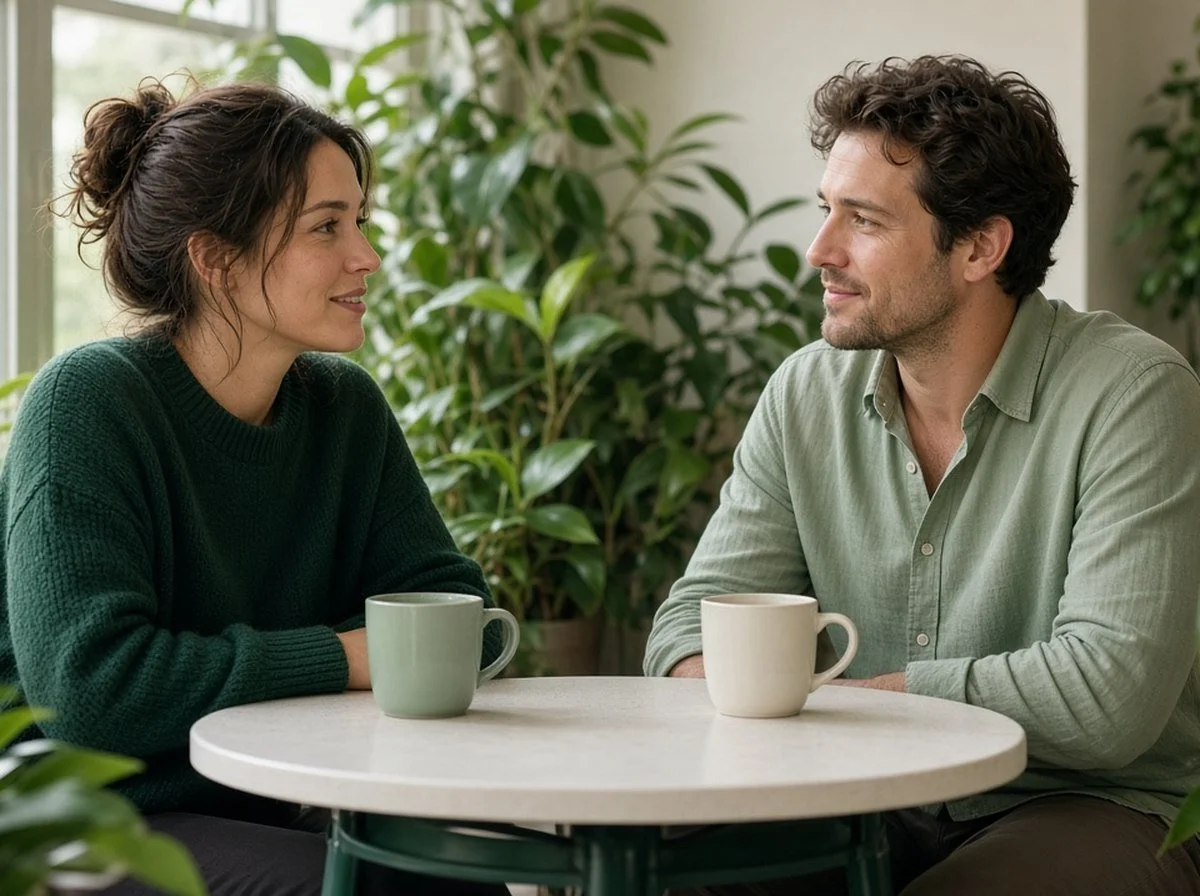 Two coworkers talking supportively at a cafe table