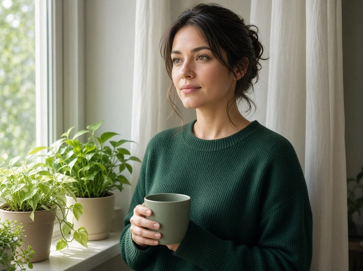 Woman by a sunny window with a thoughtful, hopeful expression