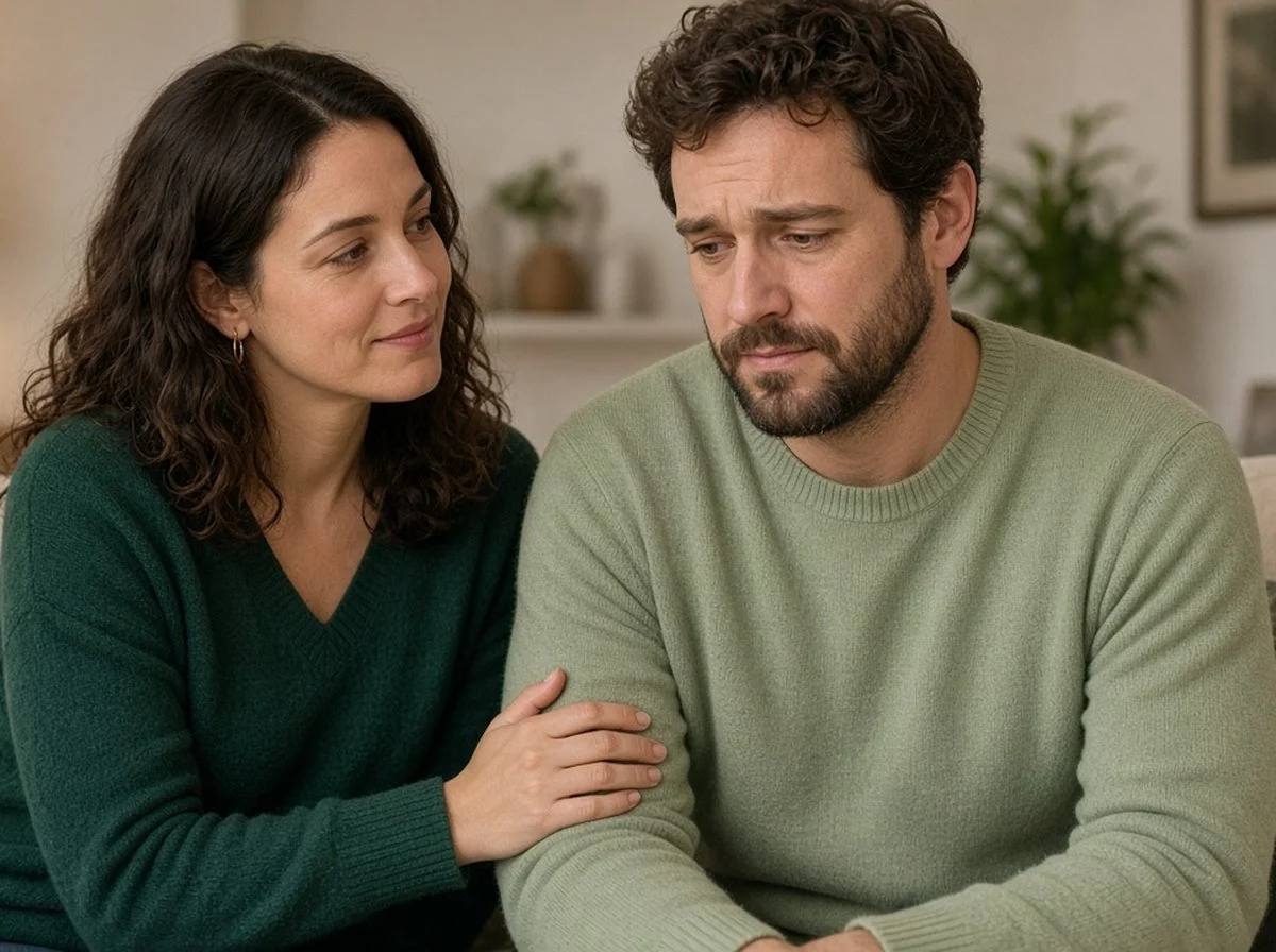 A woman comforting her worried partner on a sofa