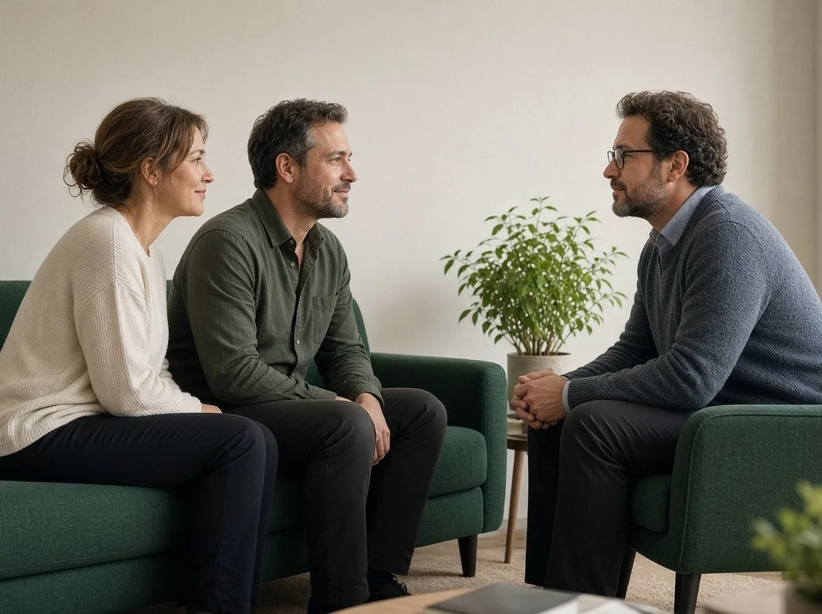 Couple talking with a male counsellor in a bright office
