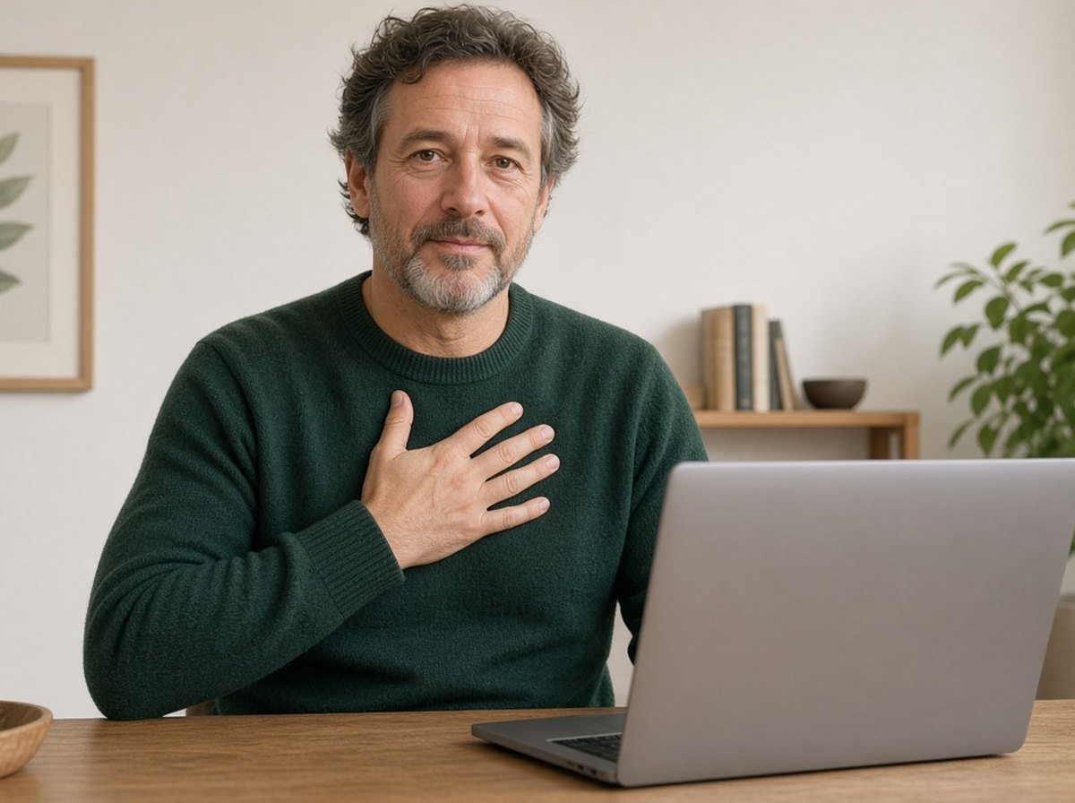 Man in his fifties with a hand on his chest during an online session