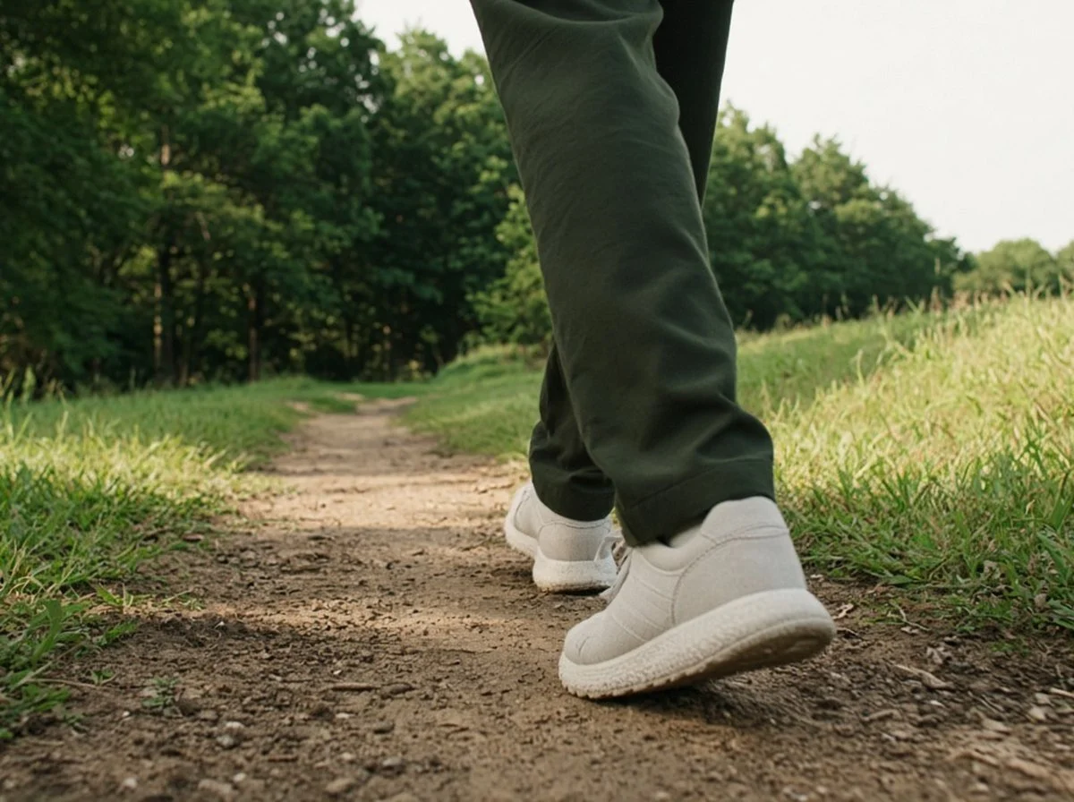 A person taking a step forward on a sunny path.