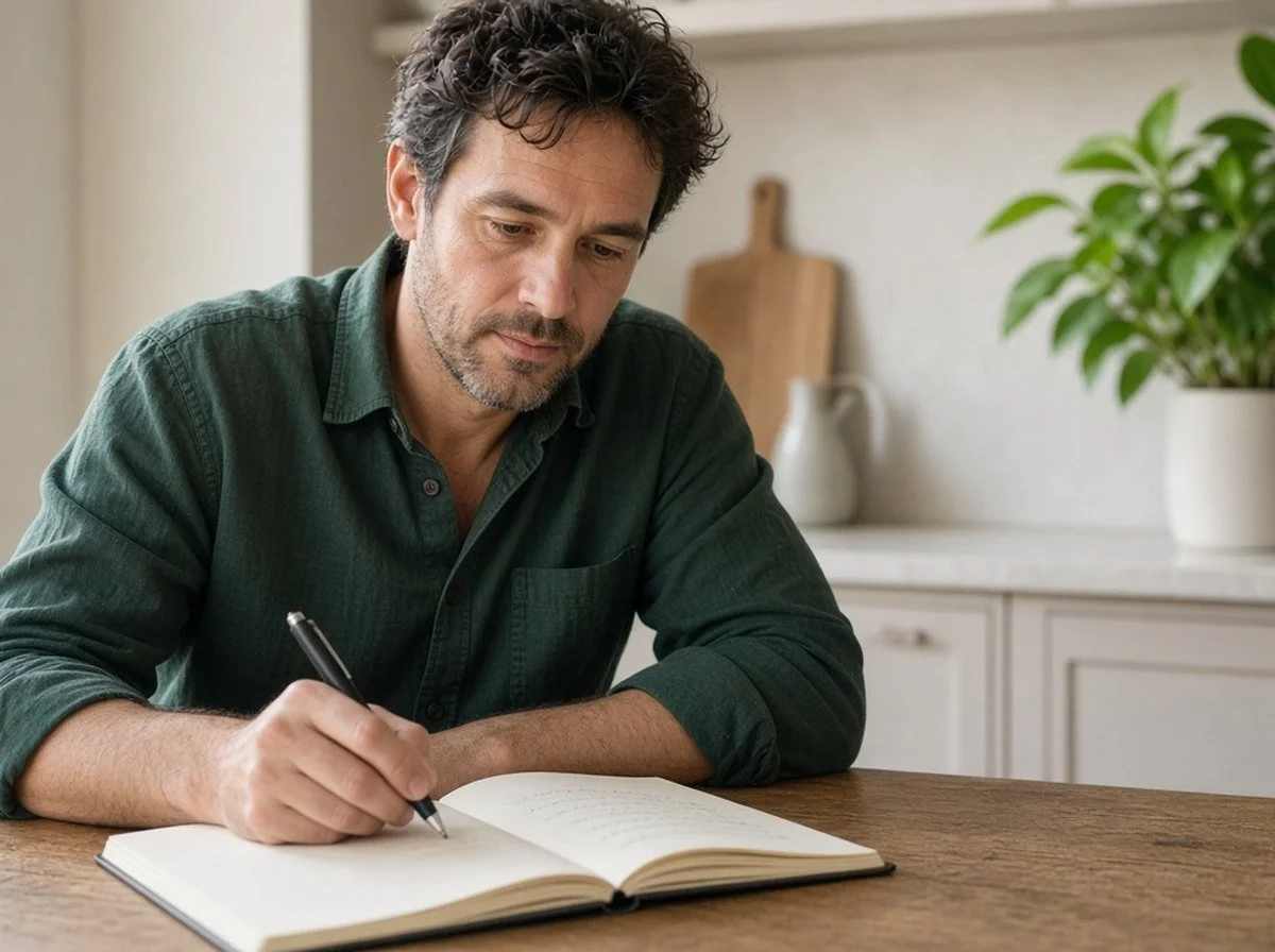 Man writing in a notebook at a kitchen table
