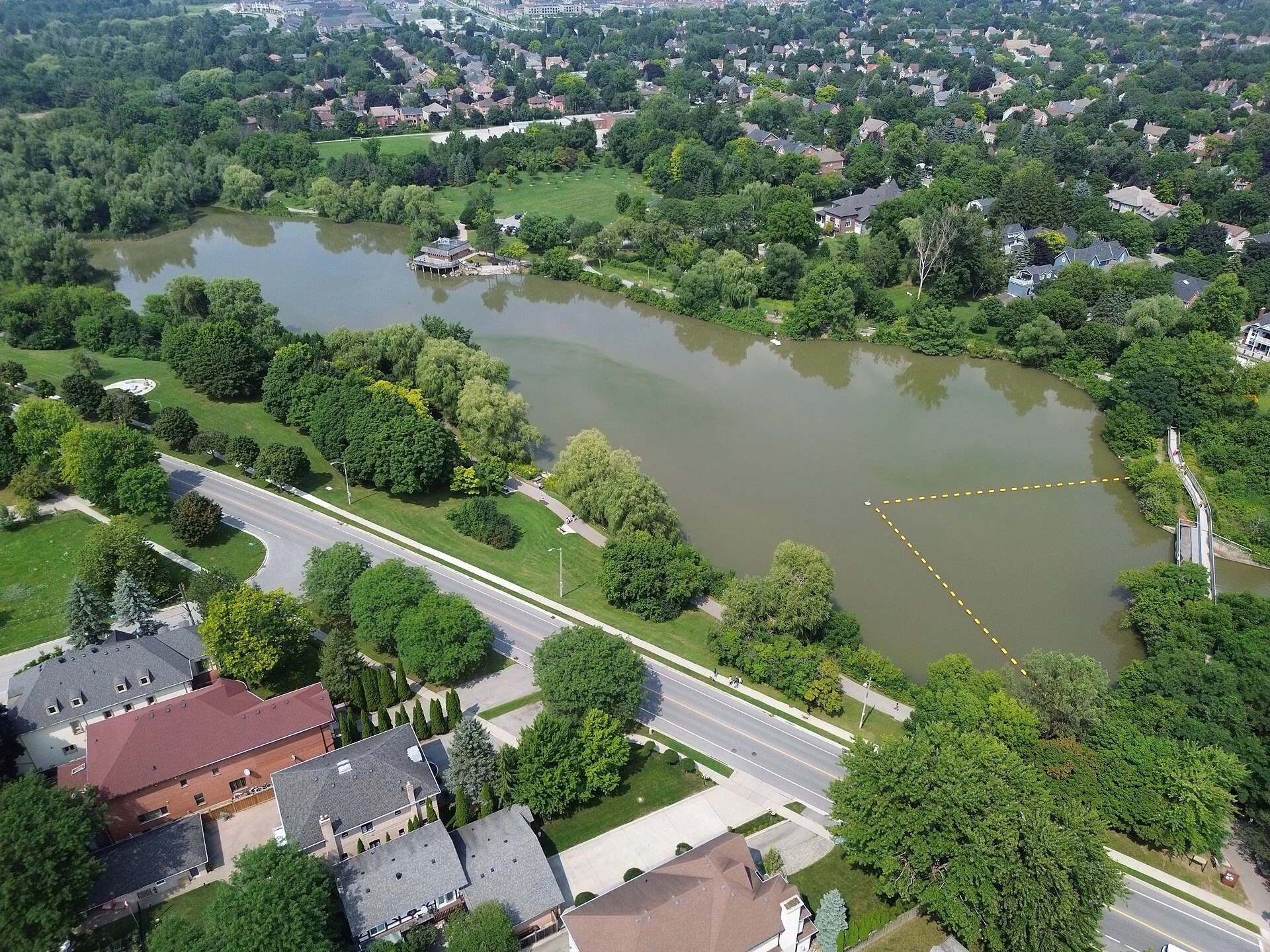 Aerial view of Toogood Pond and its park in Unionville, Markham.