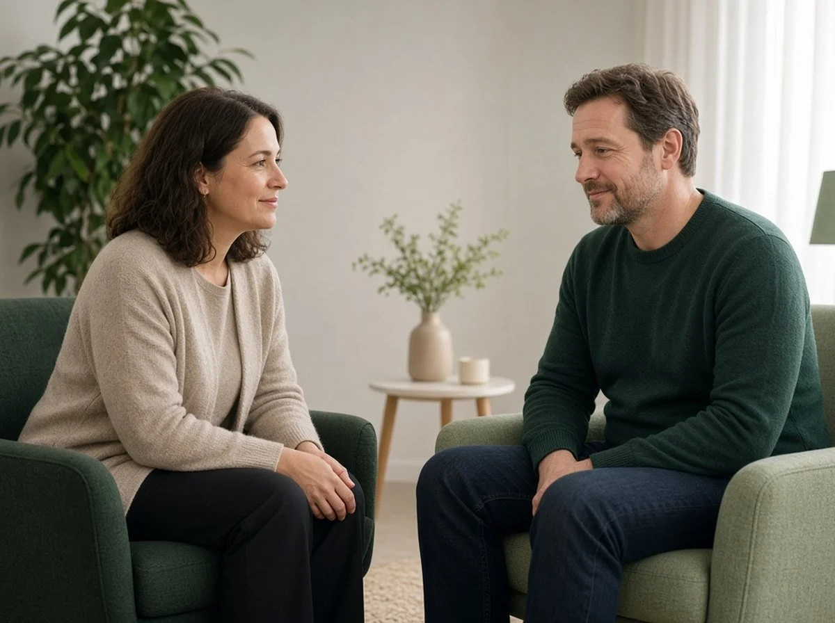 A counsellor and a client talking face to face in a bright counselling room, the client looking calmer