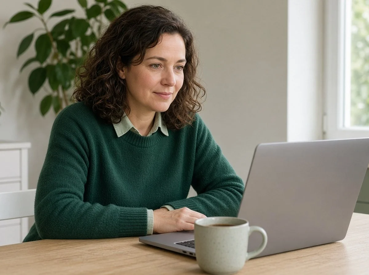 A healthcare worker at home in the morning during an online therapy session