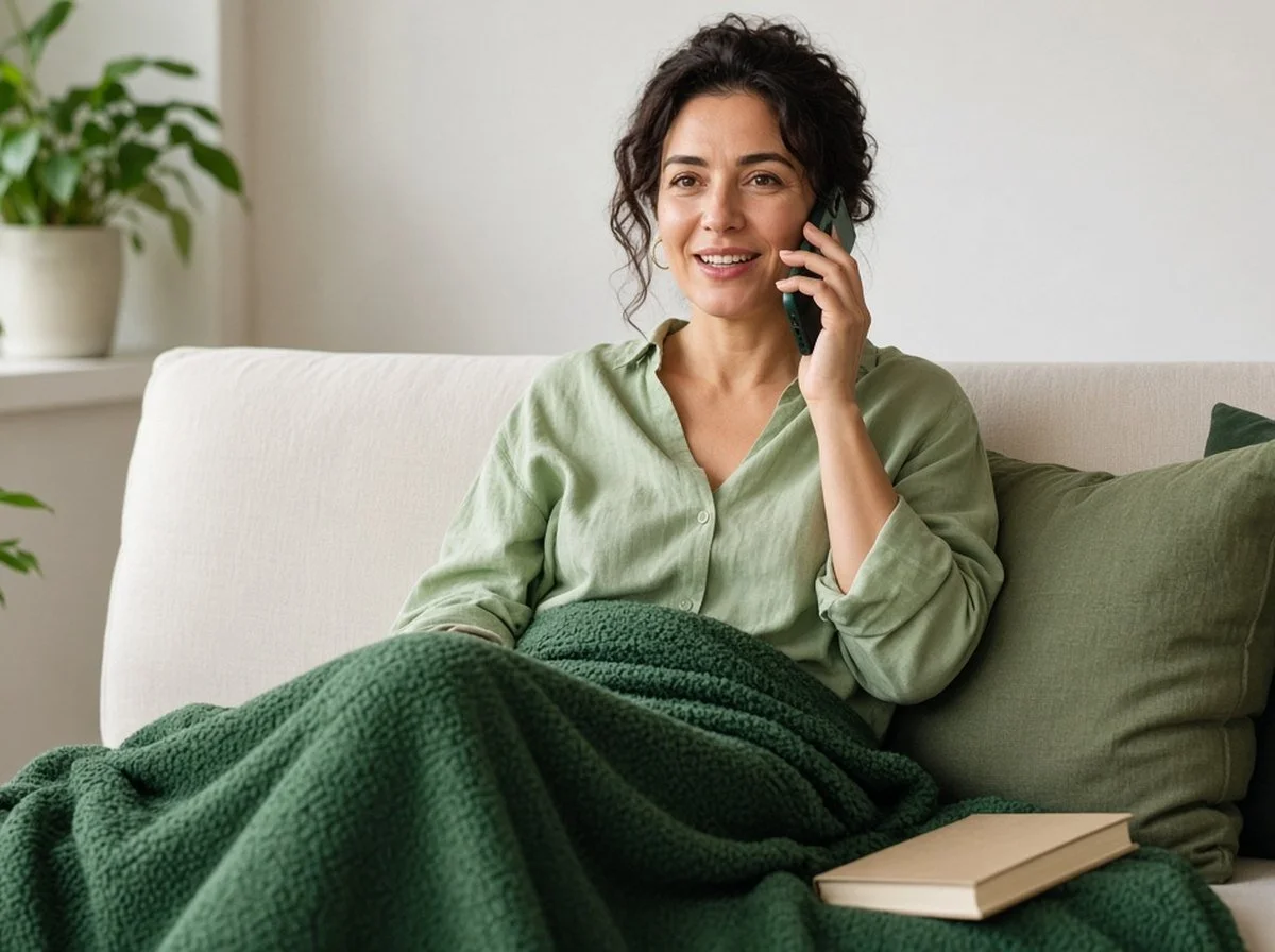 Femme souriante au téléphone sur un canapé, une couverture verte sur les genoux