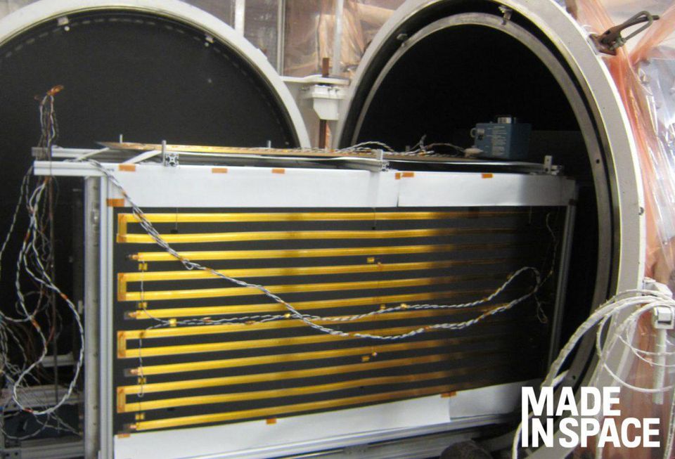 Made In Space, Inc., successfully demonstrated Archinaut’s additive manufacturing — better known as 3D printing — and robotic assembly capability in a simulated space environment, a key milestone that paves the way to operate in space. Pictured above, Archinaut manufacturing and assembly unit enters the Thermal Vacuum Chamber (TVAC) at teammate Northrop Grumman’s facility in Redondo Beach, Calif. TVAC simulates the thermal and pressure environment of Low Earth Orbit.