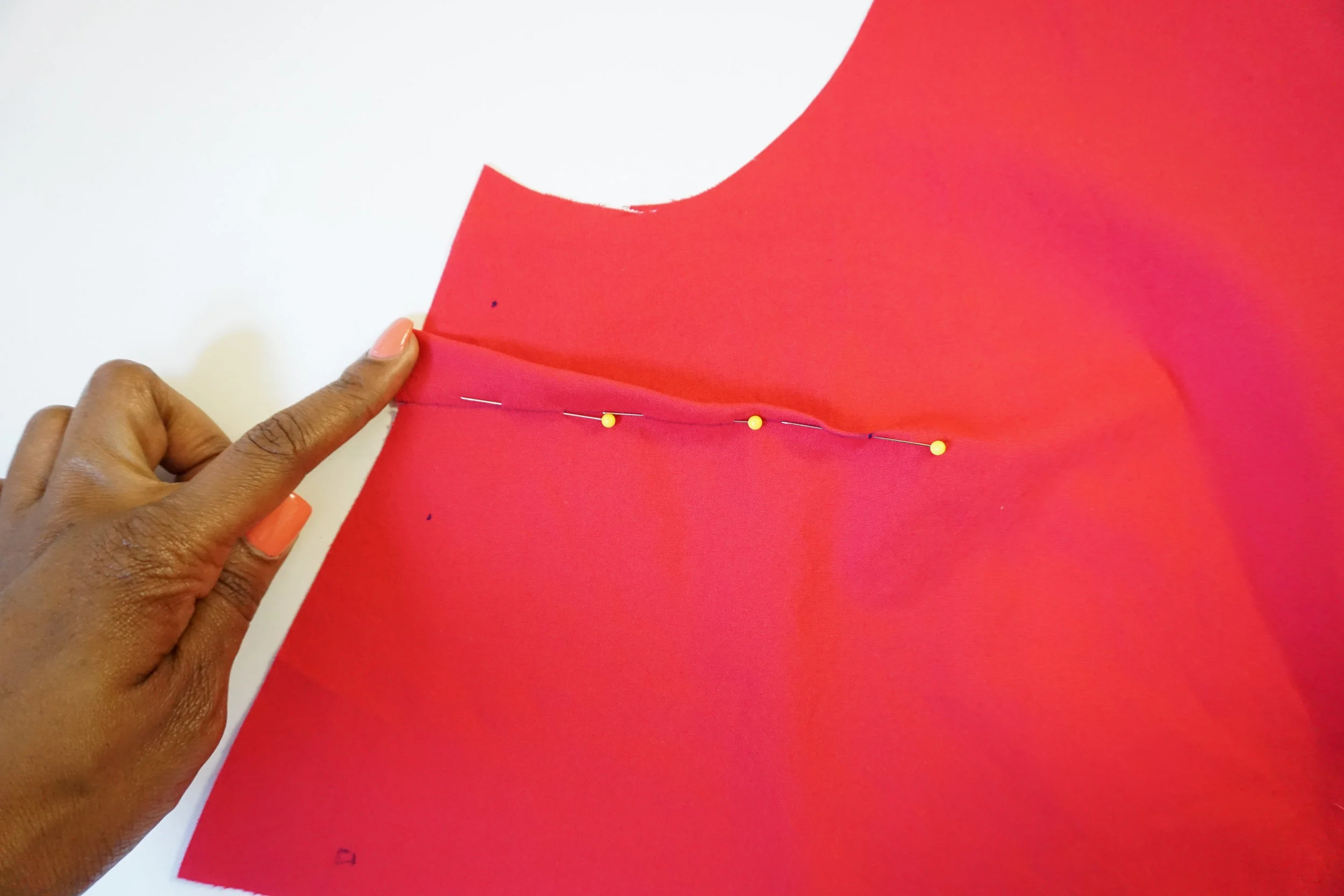 Set 2: Lets sew the front darts. Bring the dart legs together and pin in place. 