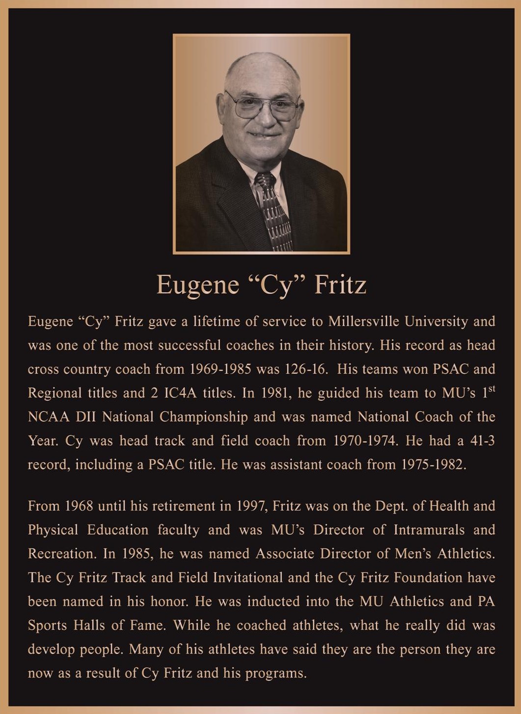 The permanent bronze plaque that honors Cy Fritz. Click on the plaque to enlarge it.