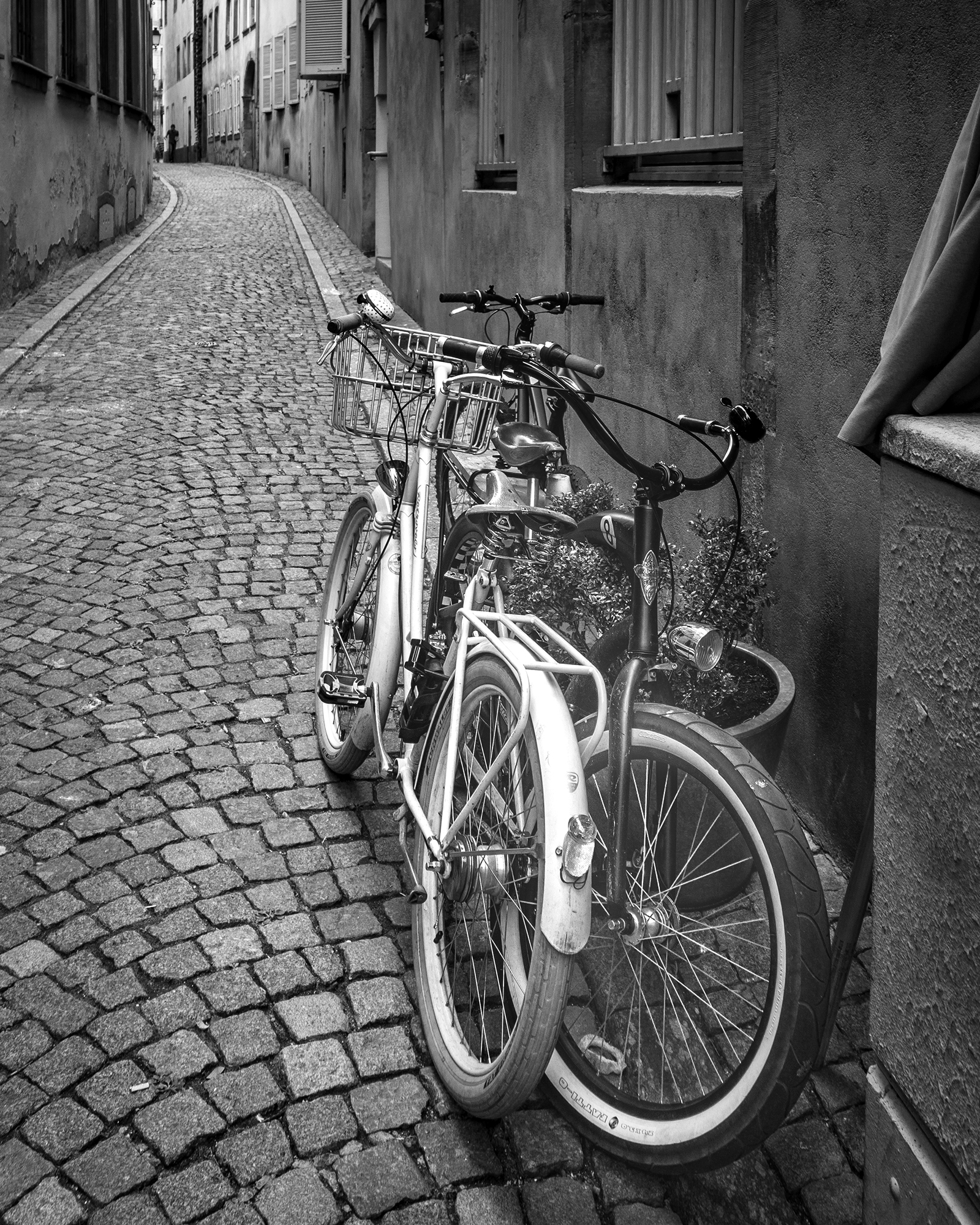 Bikes on the sidewalk. Strasbourg, France.