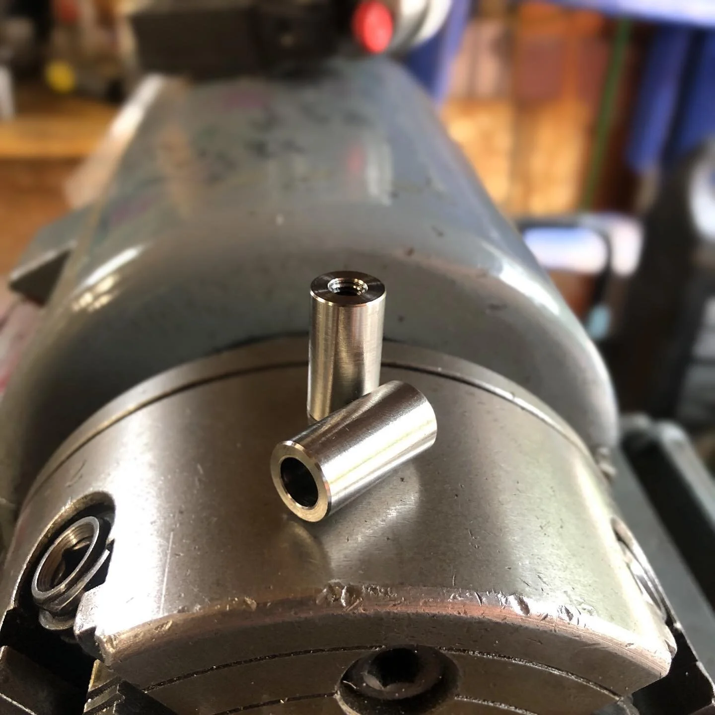 Manual machine Friday.  Is that a thing?  M6 rack studs to be welded basically straight through the seat stays. Relieved what I could get away with and what my tools would handle. 6/4 is a helluva alloy.  #titanium #breakyourcorners #whostheboss #rac