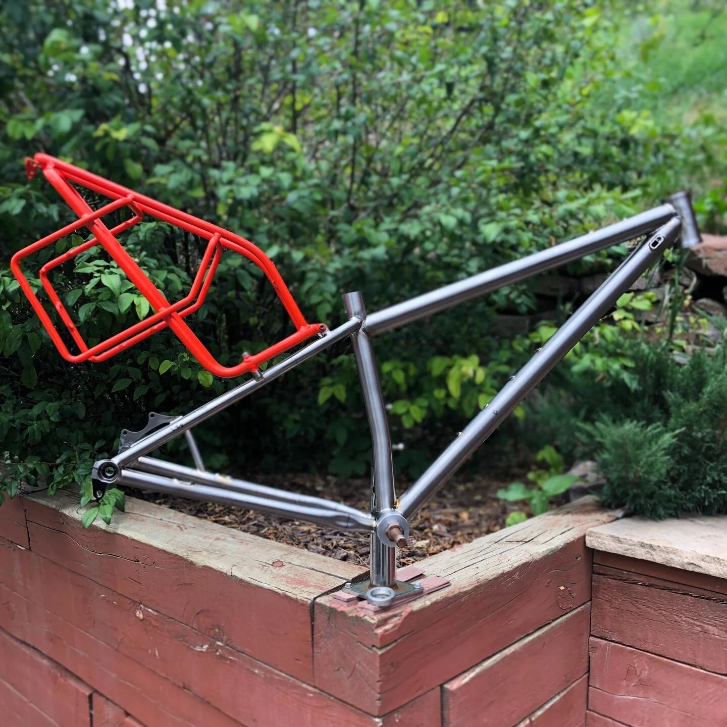 James&rsquo;s ti loam roamer is all set to head to get finish work. It&rsquo;s got lots of holes for things and some custom mounts for this @trekbikes bike packing rack.  Paint is gonna be pretty awesome.  I&rsquo;d lay down some hashtags but I&rsquo