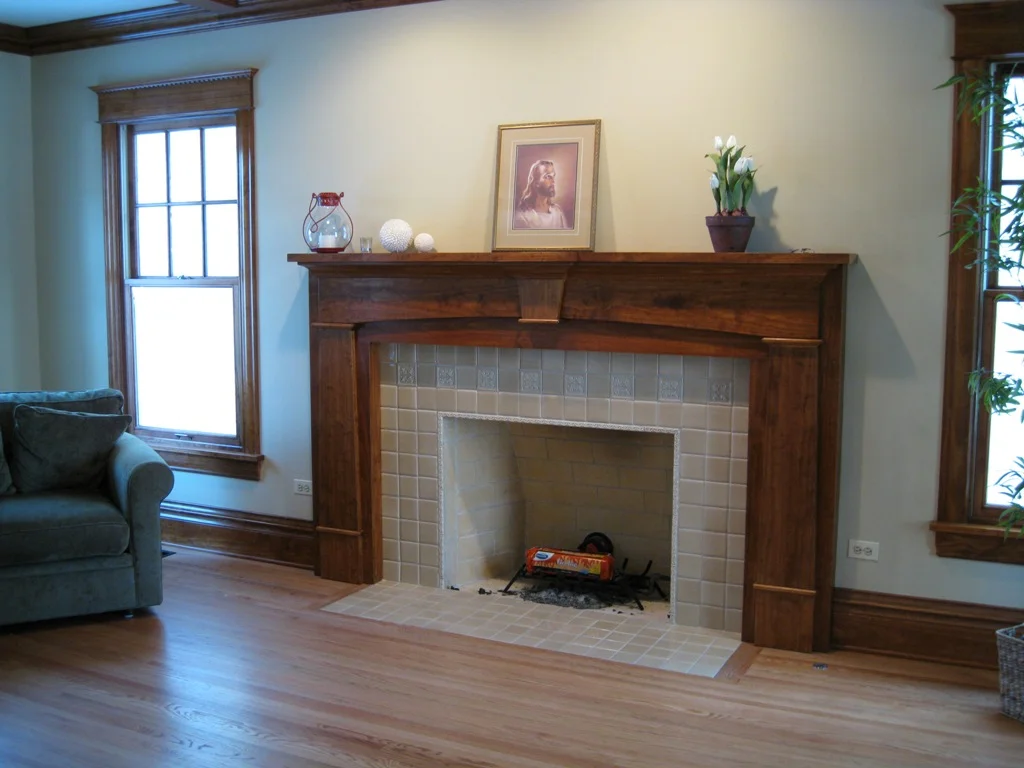 Family room masonry fireplace