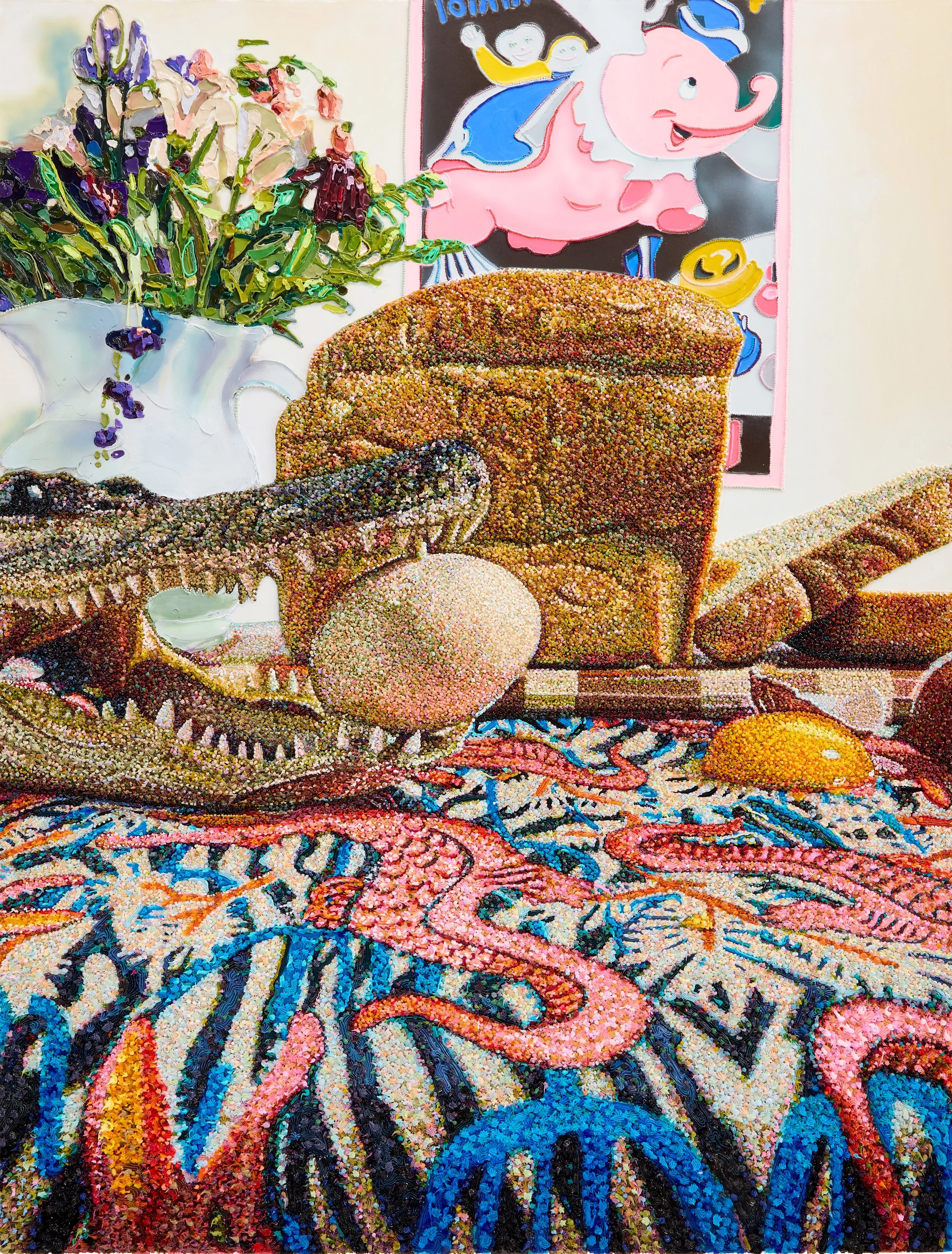  Bread &amp; Circus  Acrylic and molding paste on panel  55” x 42” x 2”  2024   