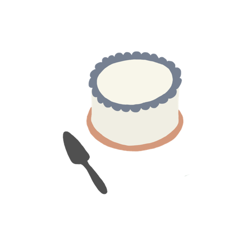 A small cake with white frosting in a baking pan, a silver butter knife, and a plate.