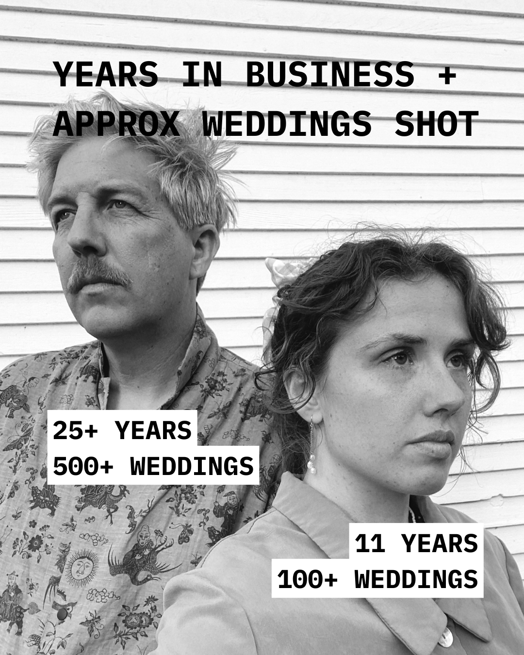 Years in business + Approximate Weddings shot. Whitney: 25+ years, 500+ weddings. Hallie: 11 years, 100+ weddings