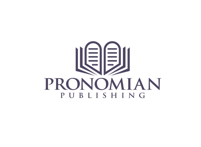 Logo of Pronomian Publishing featuring an open book with stylized pages above the company name.