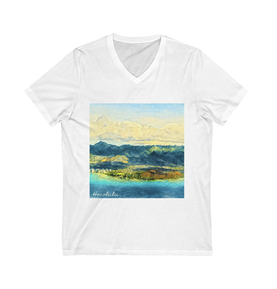 Honolulu and Diamondhead from the Air - Unisex Jersey Short Sleeve V-Neck Tee