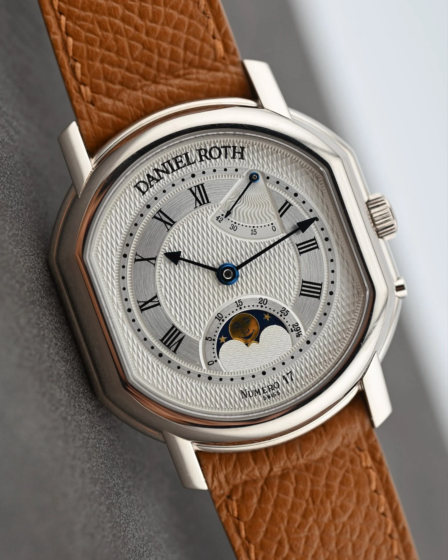 Now Available: Daniel Roth Moon Phases Power Reserve Reference 0357BCSL Limited Edition in White Gold Full Set.
The Daniel Roth Ellipsocurvex Moon Phases Power Reserve reference 0357BCSL puts me squarely in the dilemma of collector vs. dealer; this