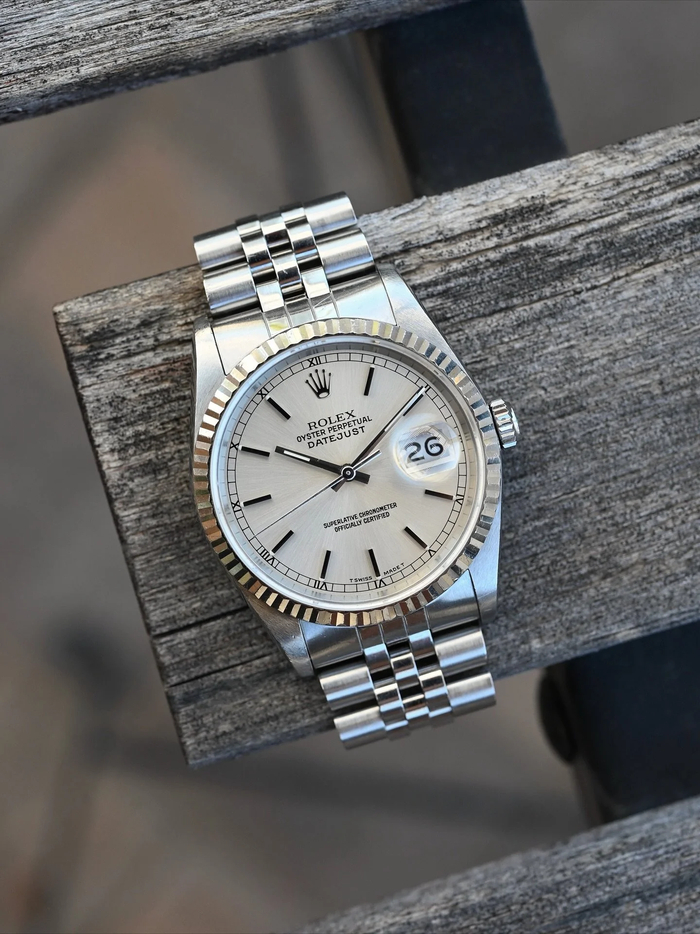 Now Available: Rolex Datejust Ref. 16234 with box, papers, and serialized hang tag.
This very clean and attractive reference 16234 from circa 1989 checks all the boxes: A classic dial layout, serifed open 6’s and 9’s in the date wheel, l