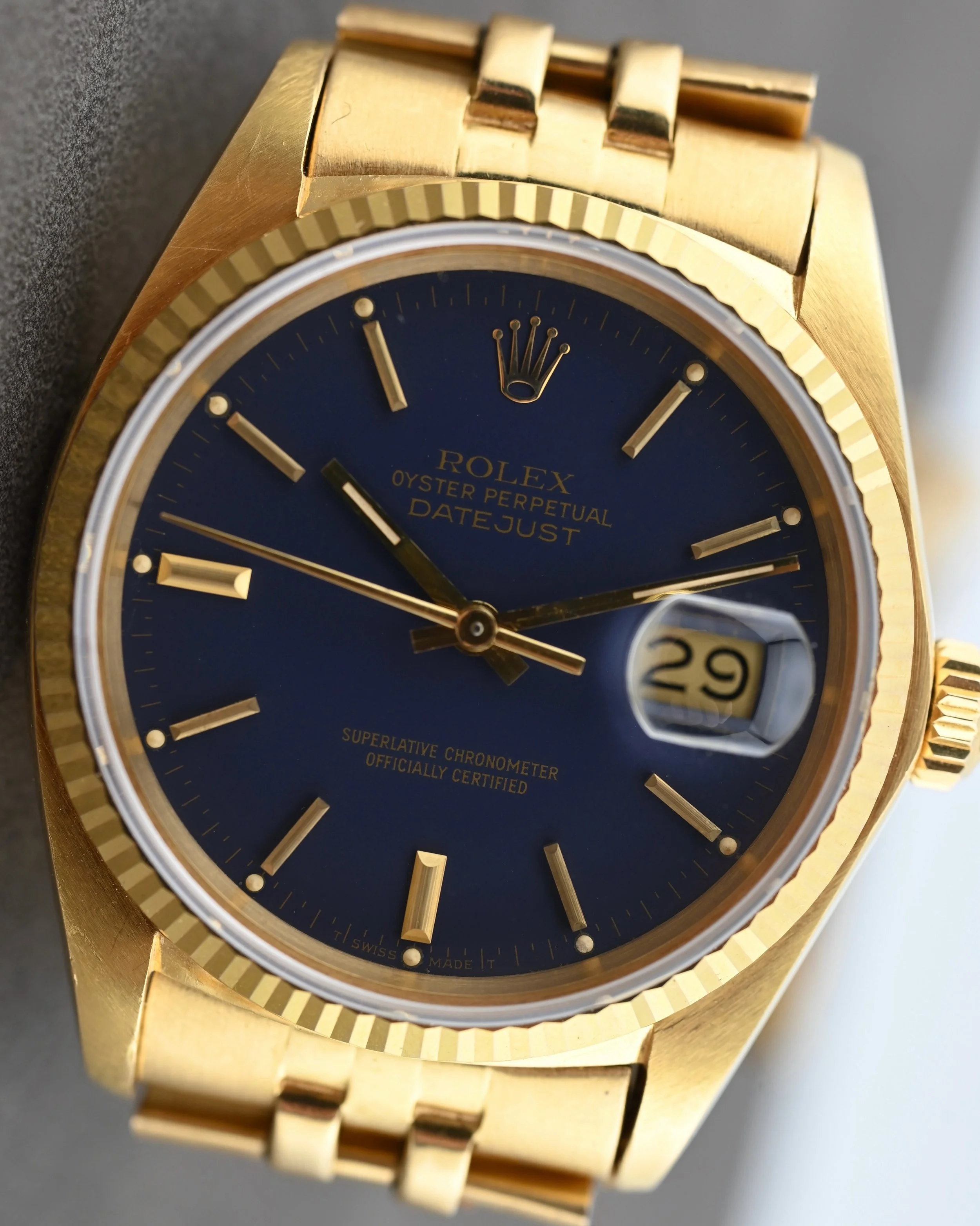 Now Available: Rolex Datejust 16018 in 18K yellow gold with gorgeous matte blue dial, very thick, full, and even case, and great bracelet.

There&rsquo;s just something about a solid gold vintage Rolex on bracelet that hits different and this one has