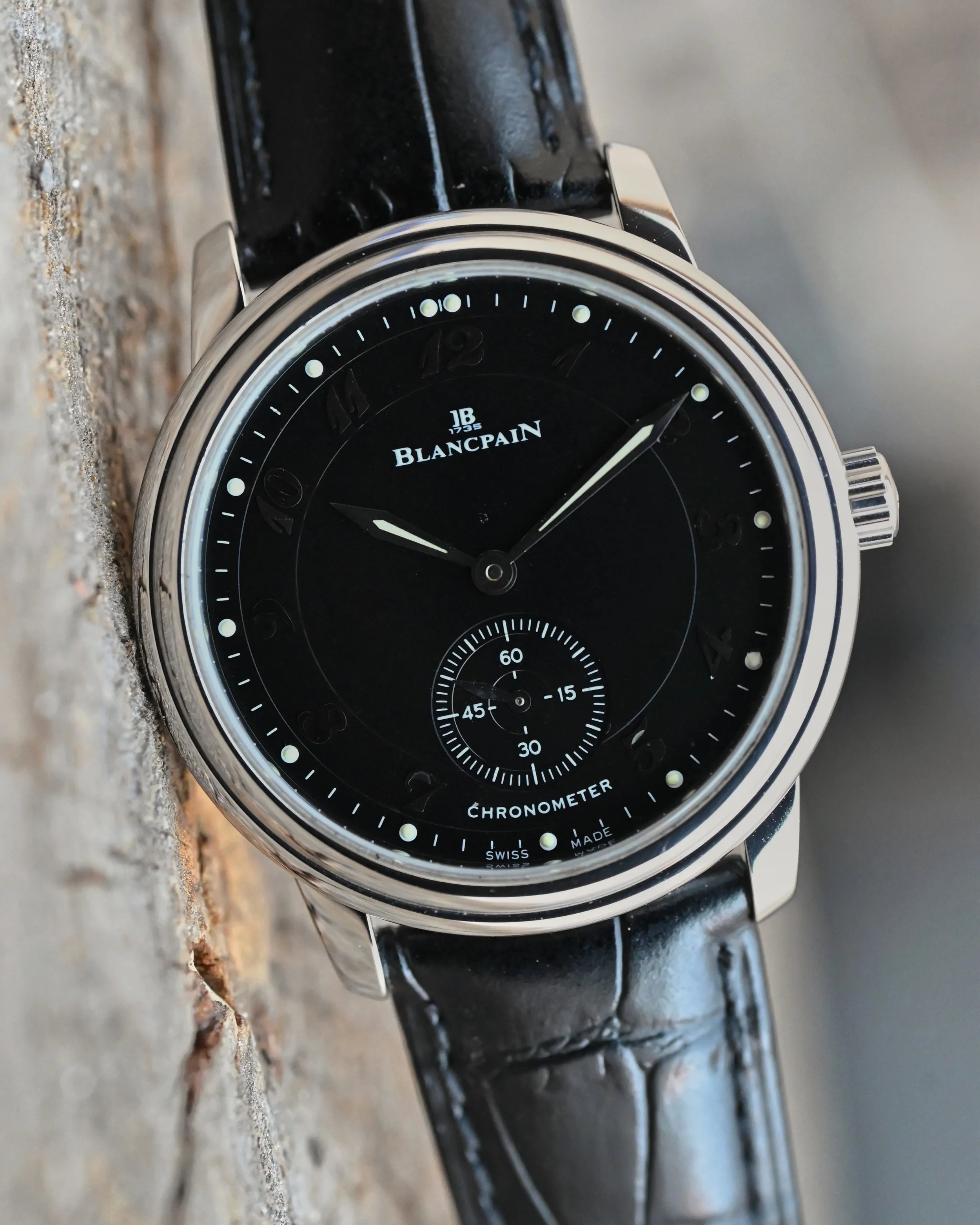 Now Available: Blancpain Villeret Ultra Slim Chronometer Ref 7002 in stainless steel with rare original black dial, hands, and crown. This one is running well and presented on a signed strap and buckle.

Ready to ship from Phoenix, AZ. Full details a
