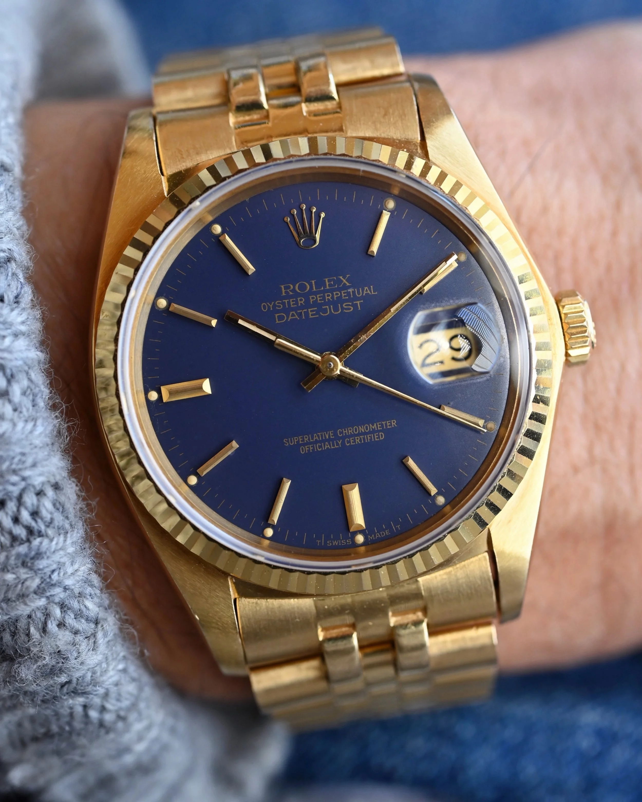 Now Available: Rolex Datejust 16018 in 18K yellow gold with gorgeous matte blue dial, very thick, full, and even case, and great bracelet.

There&rsquo;s just something about a solid gold vintage Rolex on bracelet that hits different and this one has