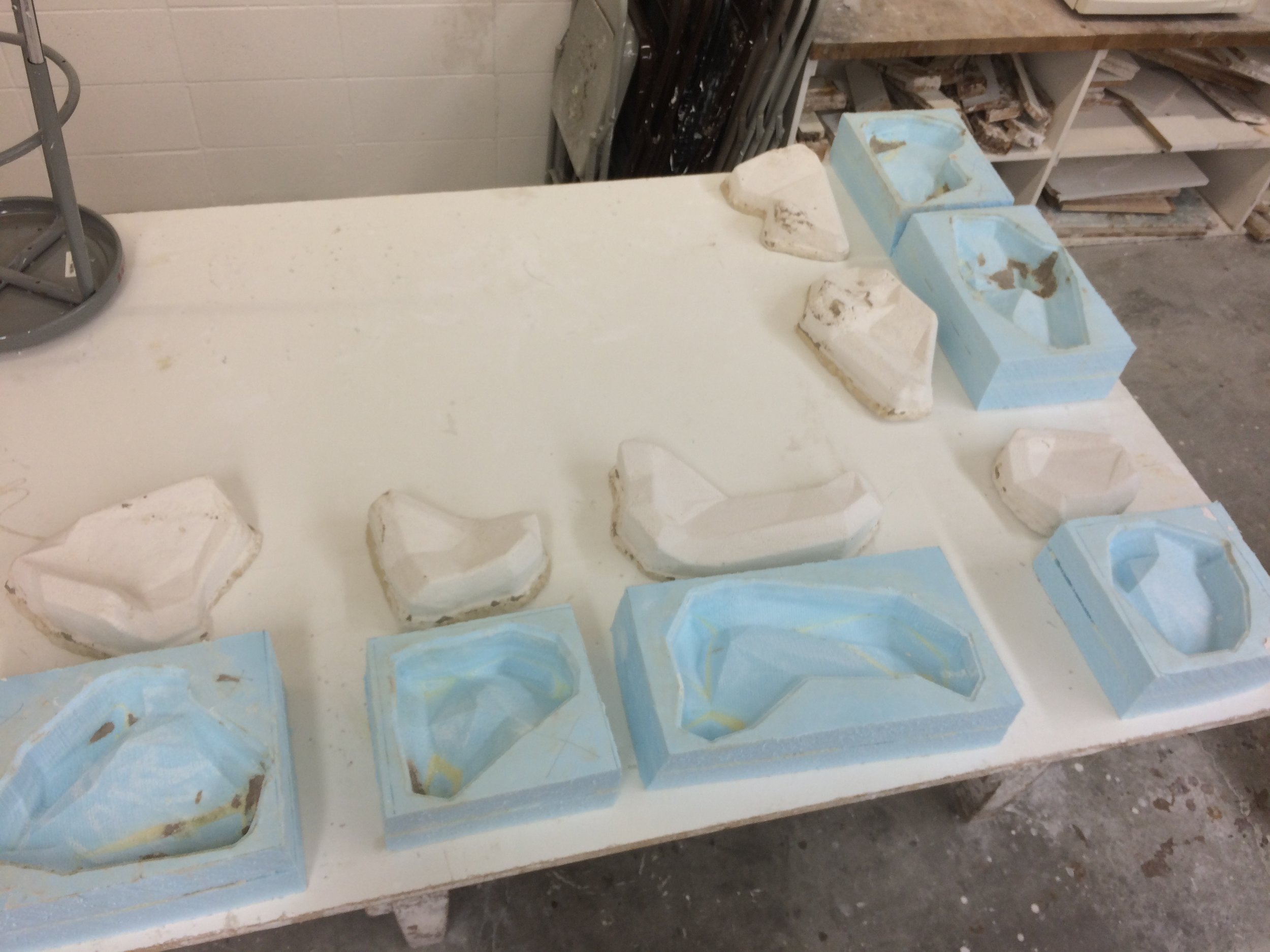   6 part mold: The mold positives were first milled in foam, which were then used to create plaster mold negatives  