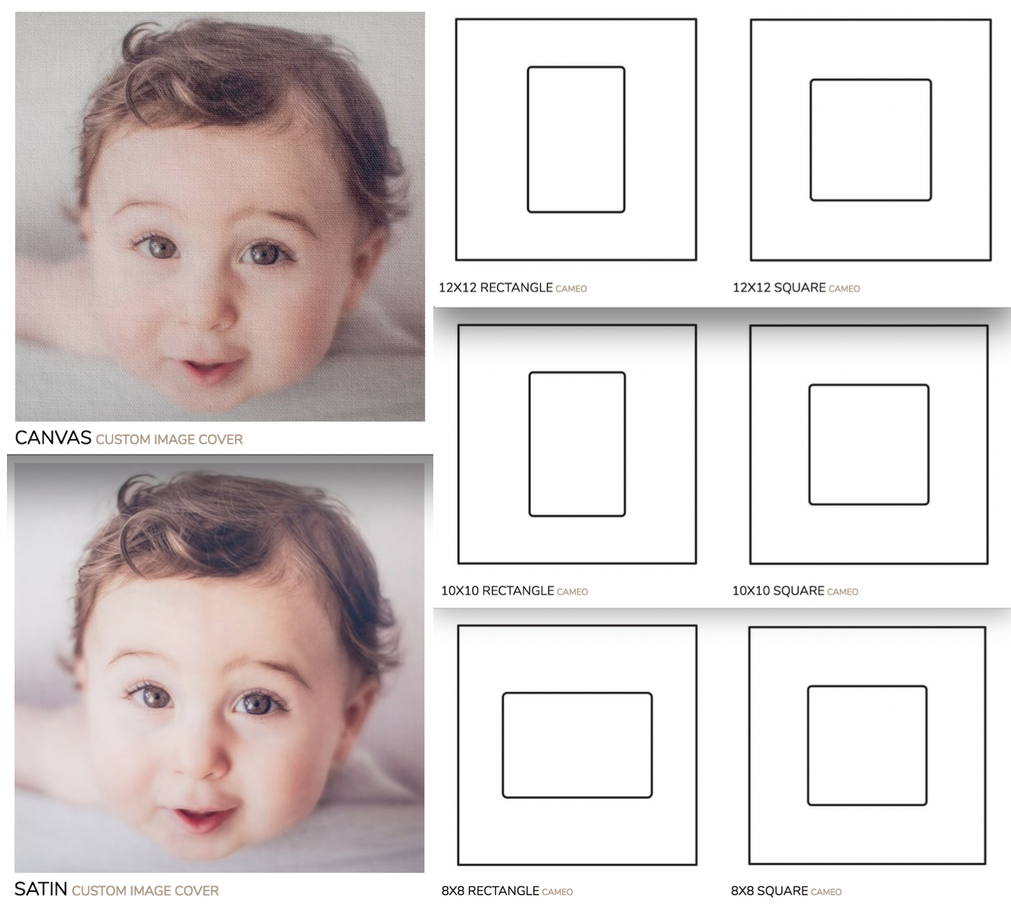 Custom Cover: Image or Cut-Out. Canvas has a coat of lamination for protection; textured surface. Satin is photographic paper with a fine coat of matte lamination; softer smoother surface. Cut-Out is center of cover, not available with Etched Patterns.