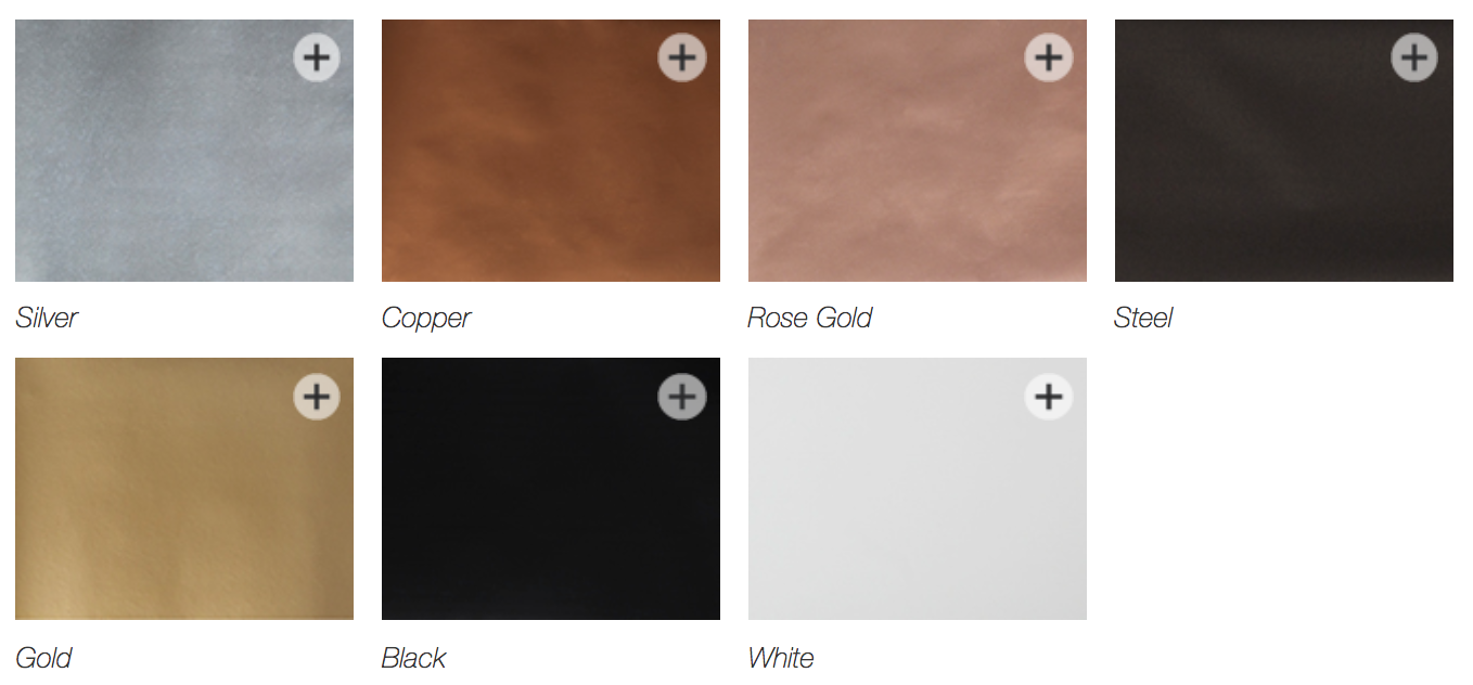 Debossing: Plain or with foil. Silver, copper, rose gold, steel, gold, black, white, blind (plain). One line of text, front and center.