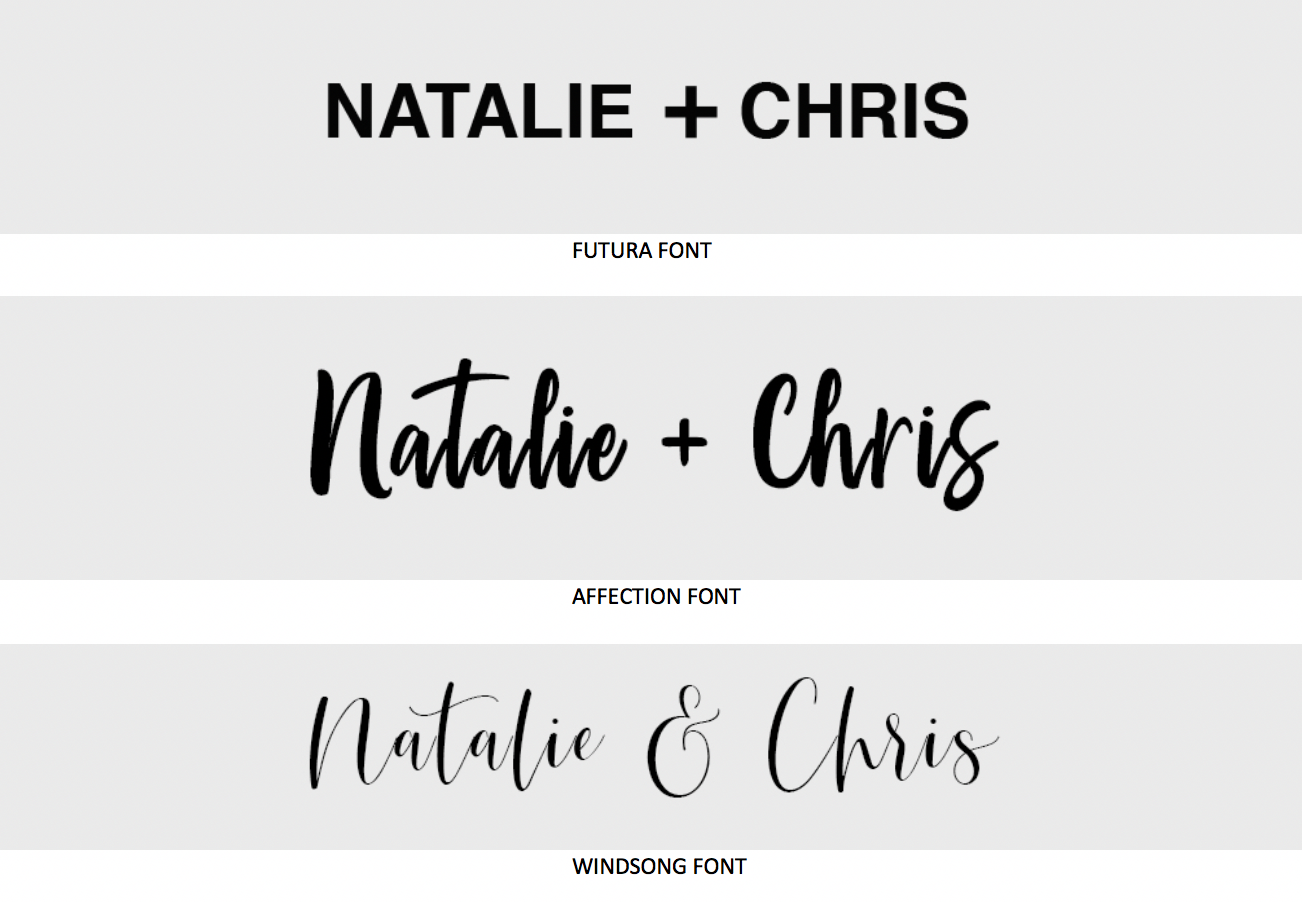 Font: Futura, Affection, Windsong. One line of text, front and center.