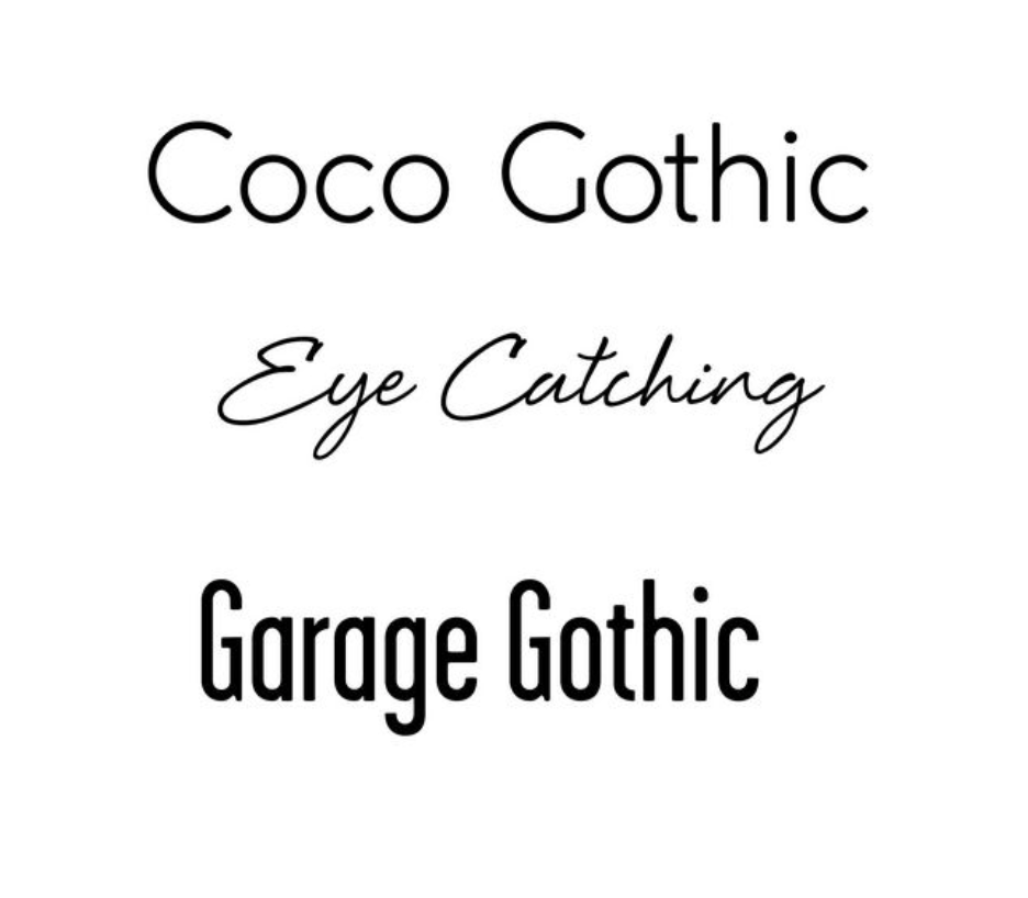 Font: Coco Gothic, Eye Catching, or Garage Gothic. Up to 3 lines of text, front and center.