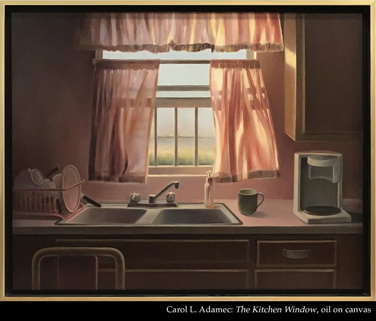A painting of the view out of a kitchen window. Sink, coffee maker and mug. It's solitude but not lonely.